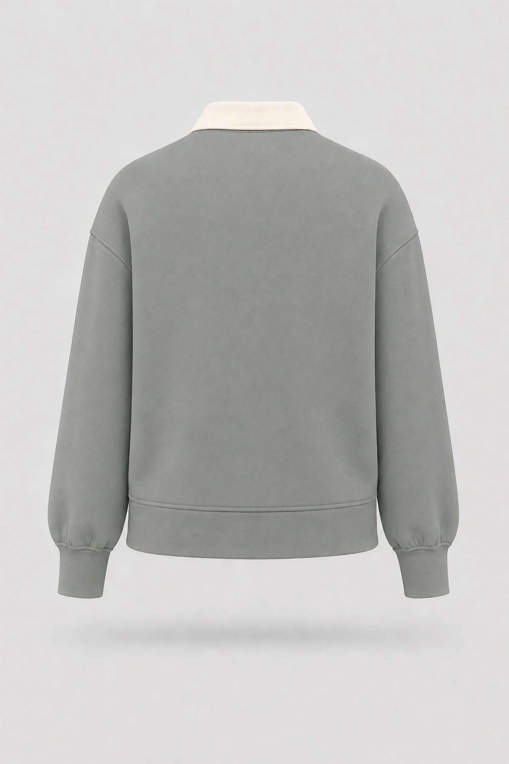 Back view of women's Sage Grey knit polo sweatshirt with rib-knit details and soft stretch fabric