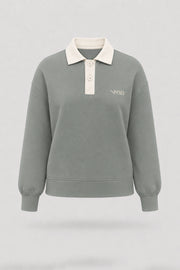 Women's Sage Grey knit polo sweatshirt with classic collar, button placket, and relaxed layering silhouette