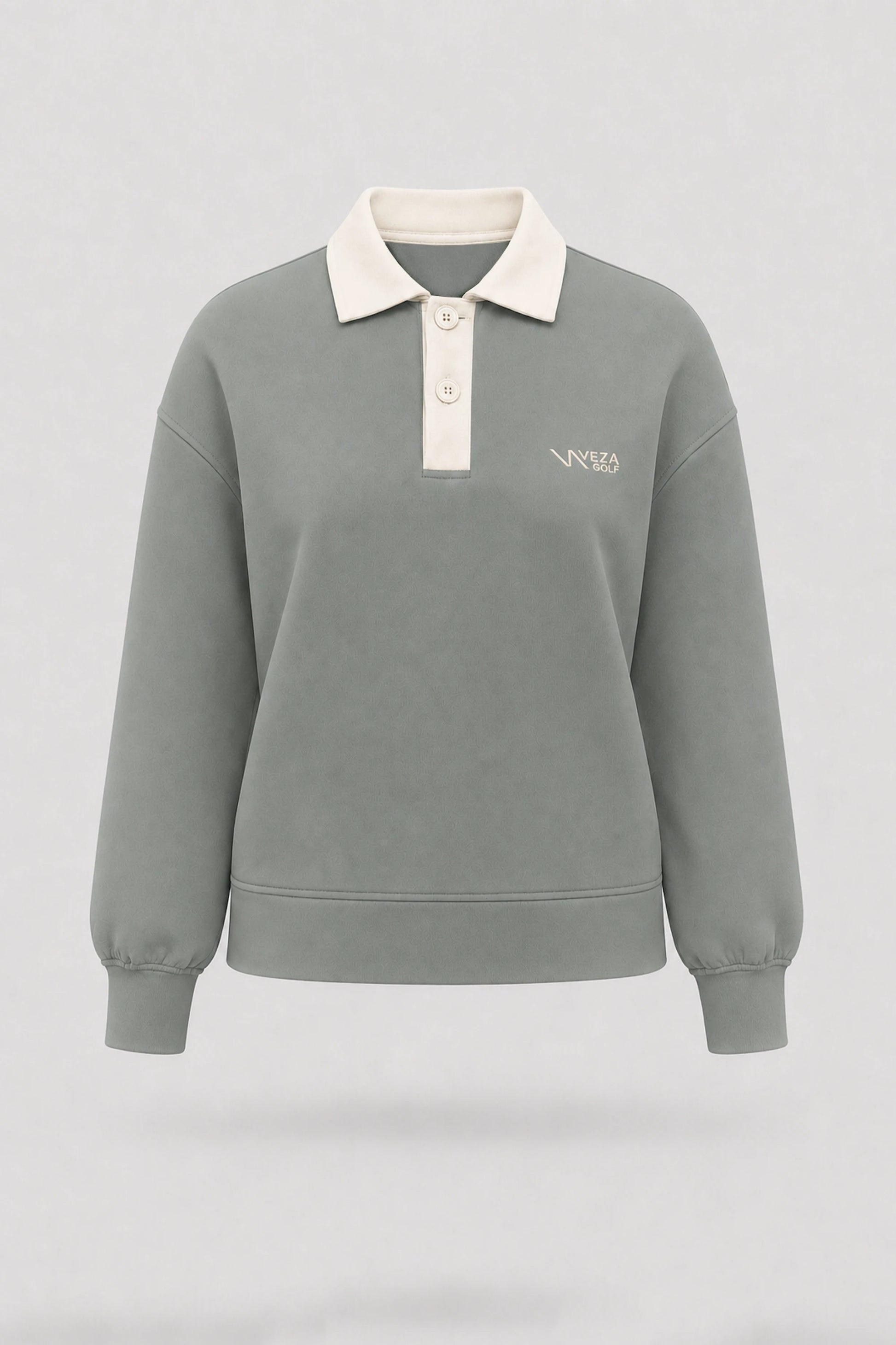 Women's Sage Grey knit polo sweatshirt with classic collar, button placket, and relaxed layering silhouette