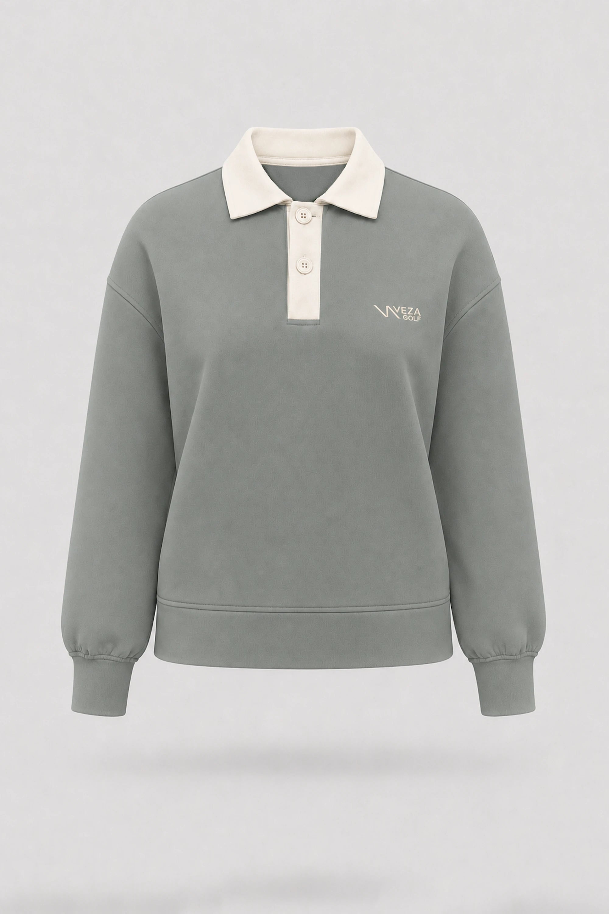 Women's Sage Grey knit polo sweatshirt with classic collar, button placket, and relaxed layering silhouette