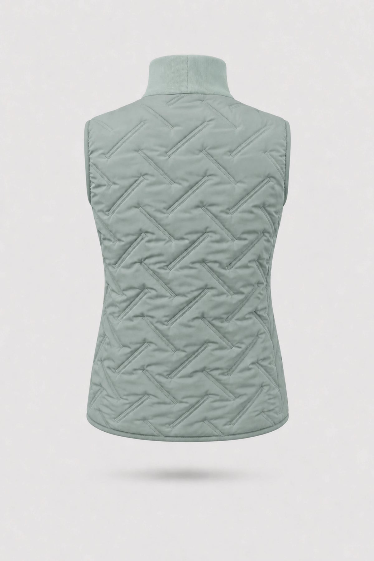 Back view of women's Sage Grey lightweight puffer vest with quilted construction and tailored silhouette