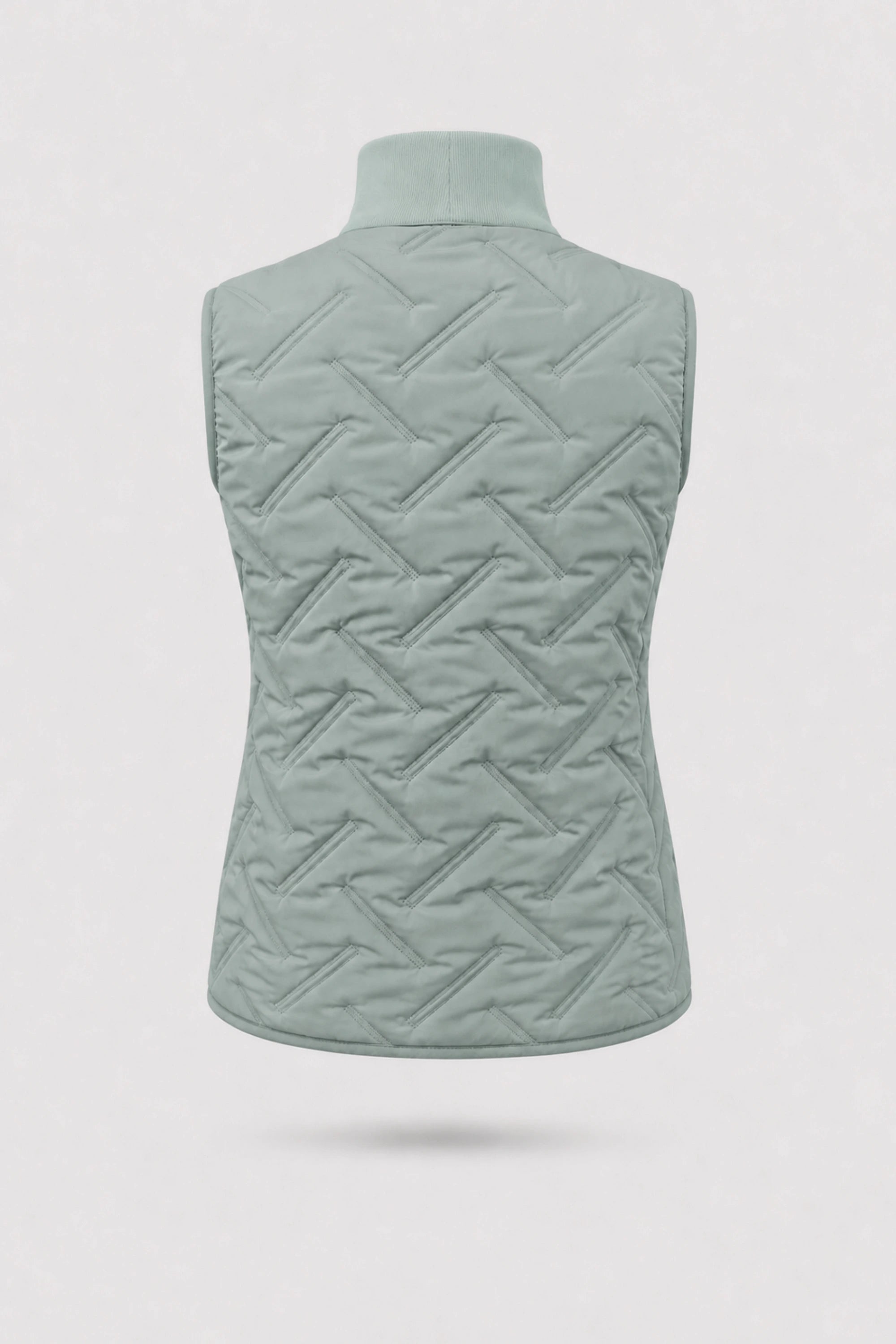 Back view of women's Sage Grey lightweight puffer vest with quilted construction and tailored silhouette