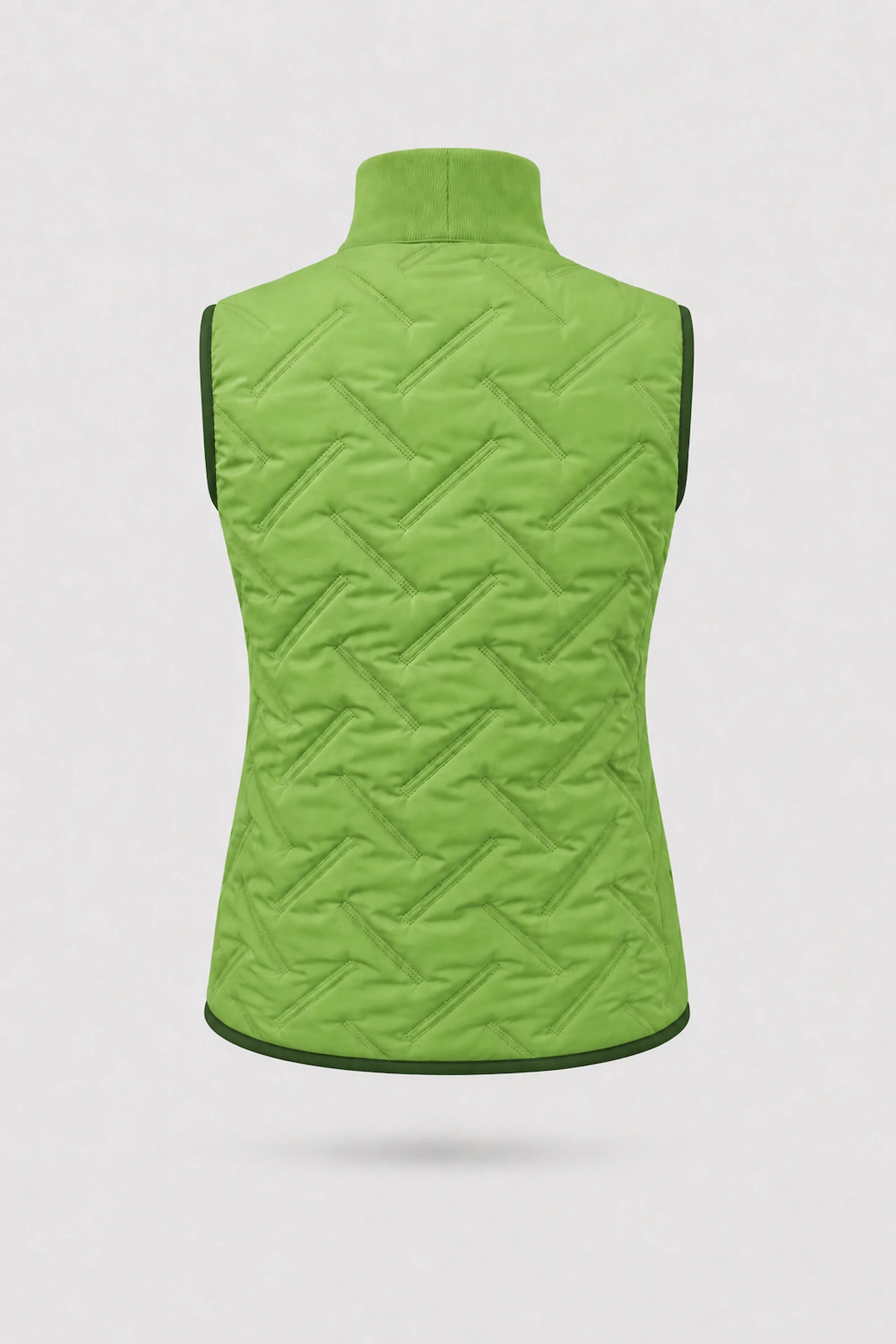 Back view of women's bright green lightweight puffer vest with quilted construction and tailored silhouette