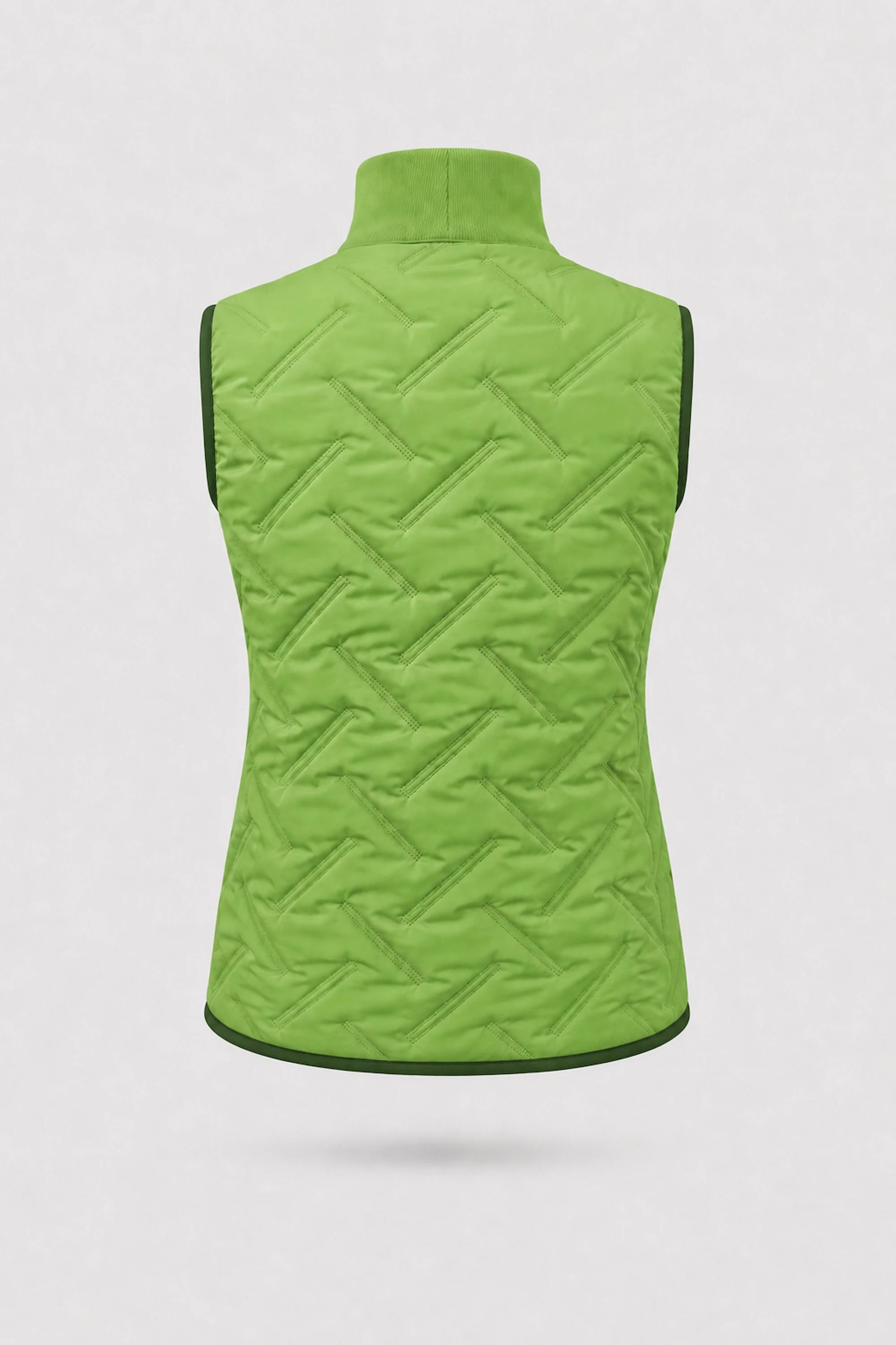 Back view of women's bright green lightweight puffer vest with quilted construction and tailored silhouette