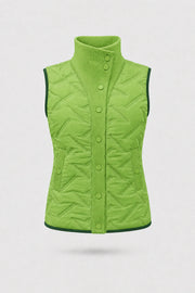 Women's bright green lightweight puffer vest with quilted insulation, reversible design, and rib-knit funnel collar