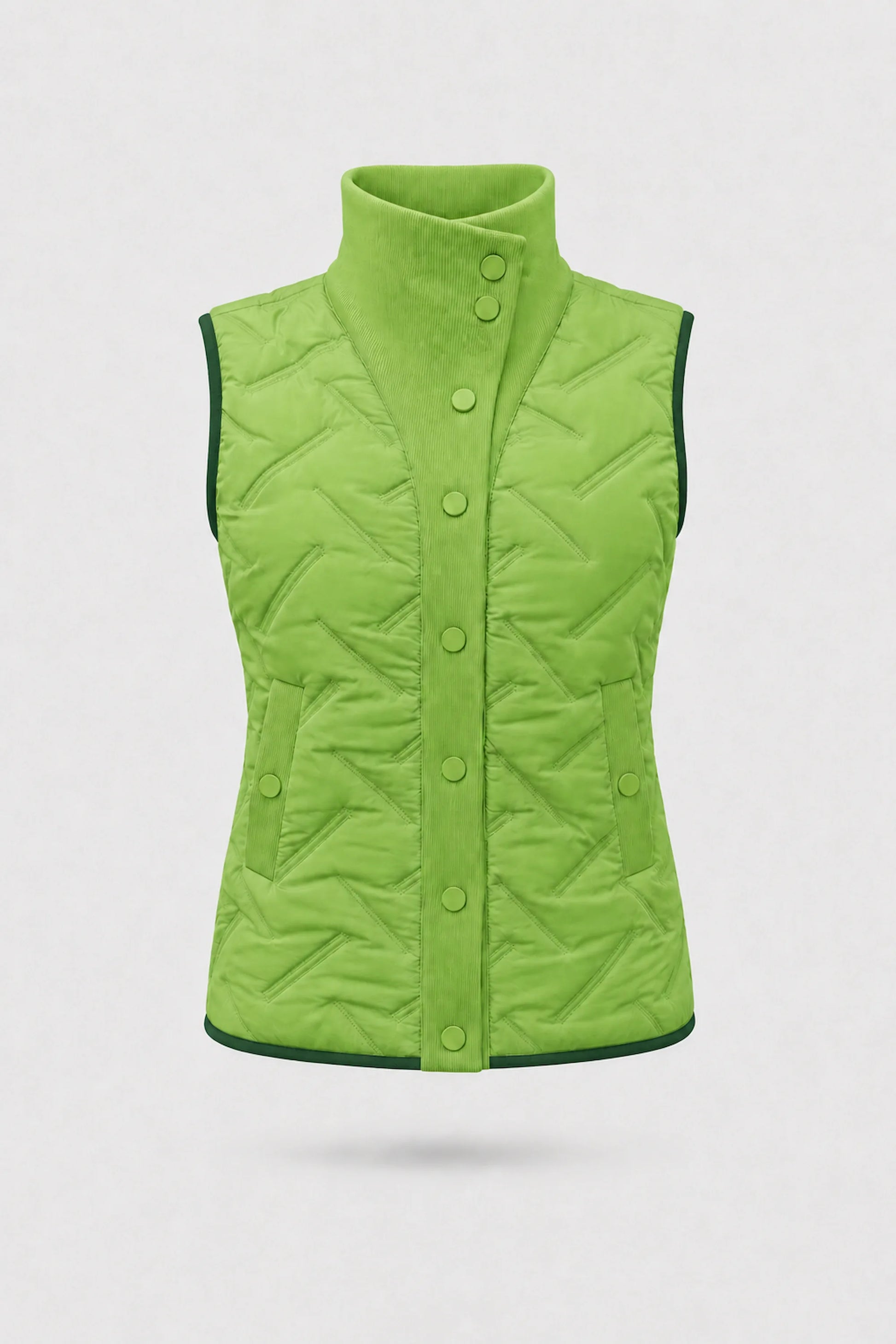 Women's bright green lightweight puffer vest with quilted insulation, reversible design, and rib-knit funnel collar