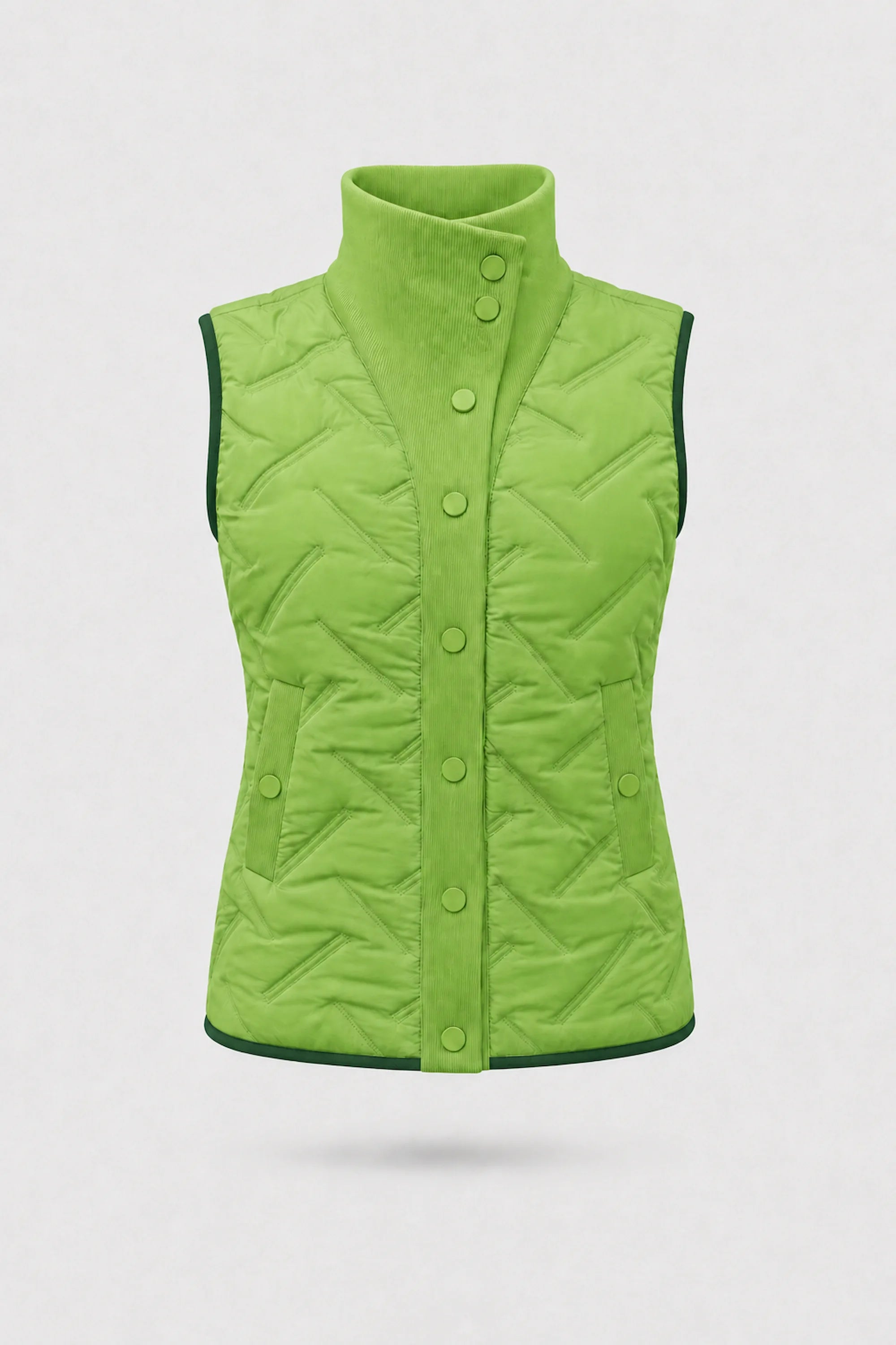 Women's bright green lightweight puffer vest with quilted insulation, reversible design, and rib-knit funnel collar