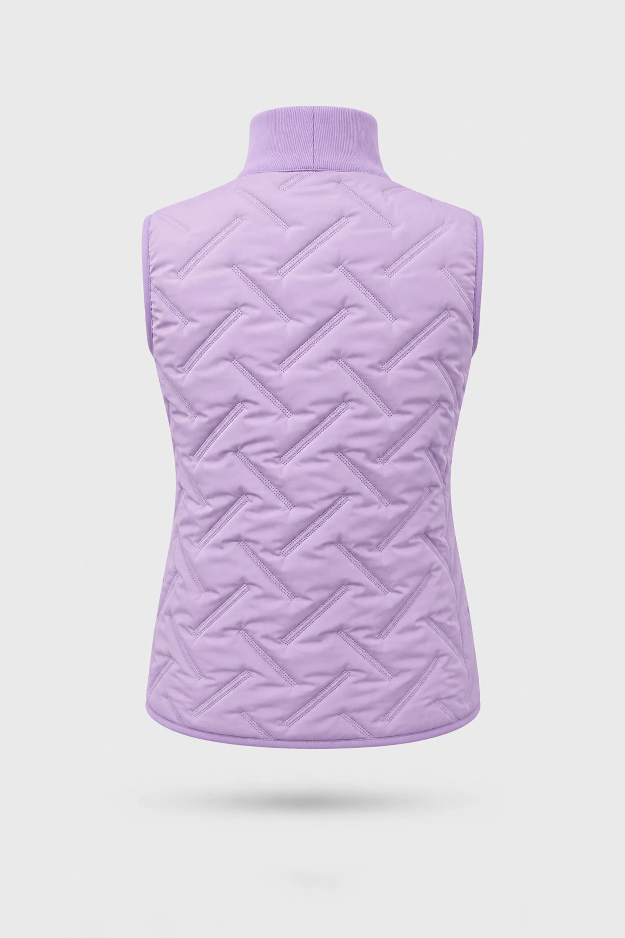 Back view of women's lavender lightweight puffer vest with quilted construction and tailored silhouette