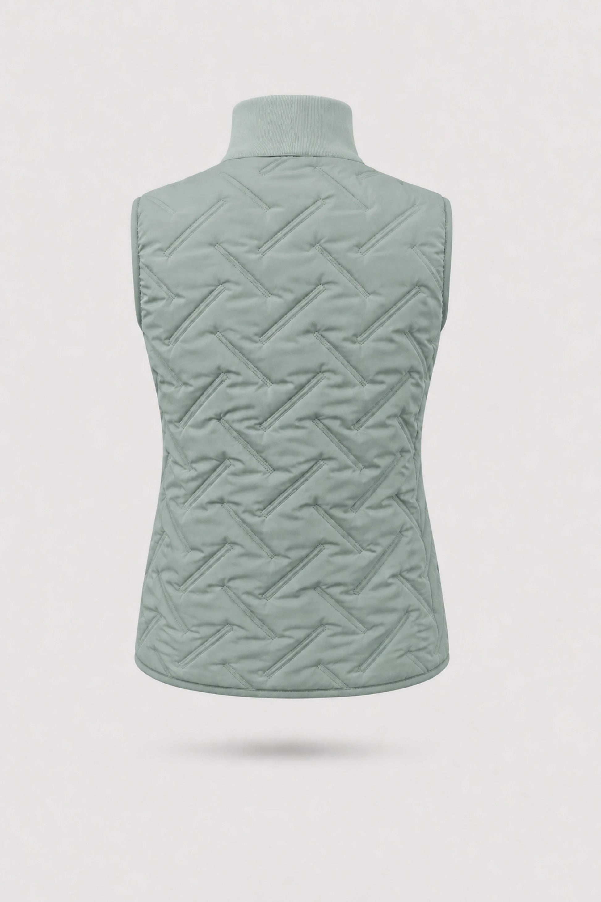 Back view of women's Sage Grey lightweight puffer vest with quilted construction and tailored silhouette