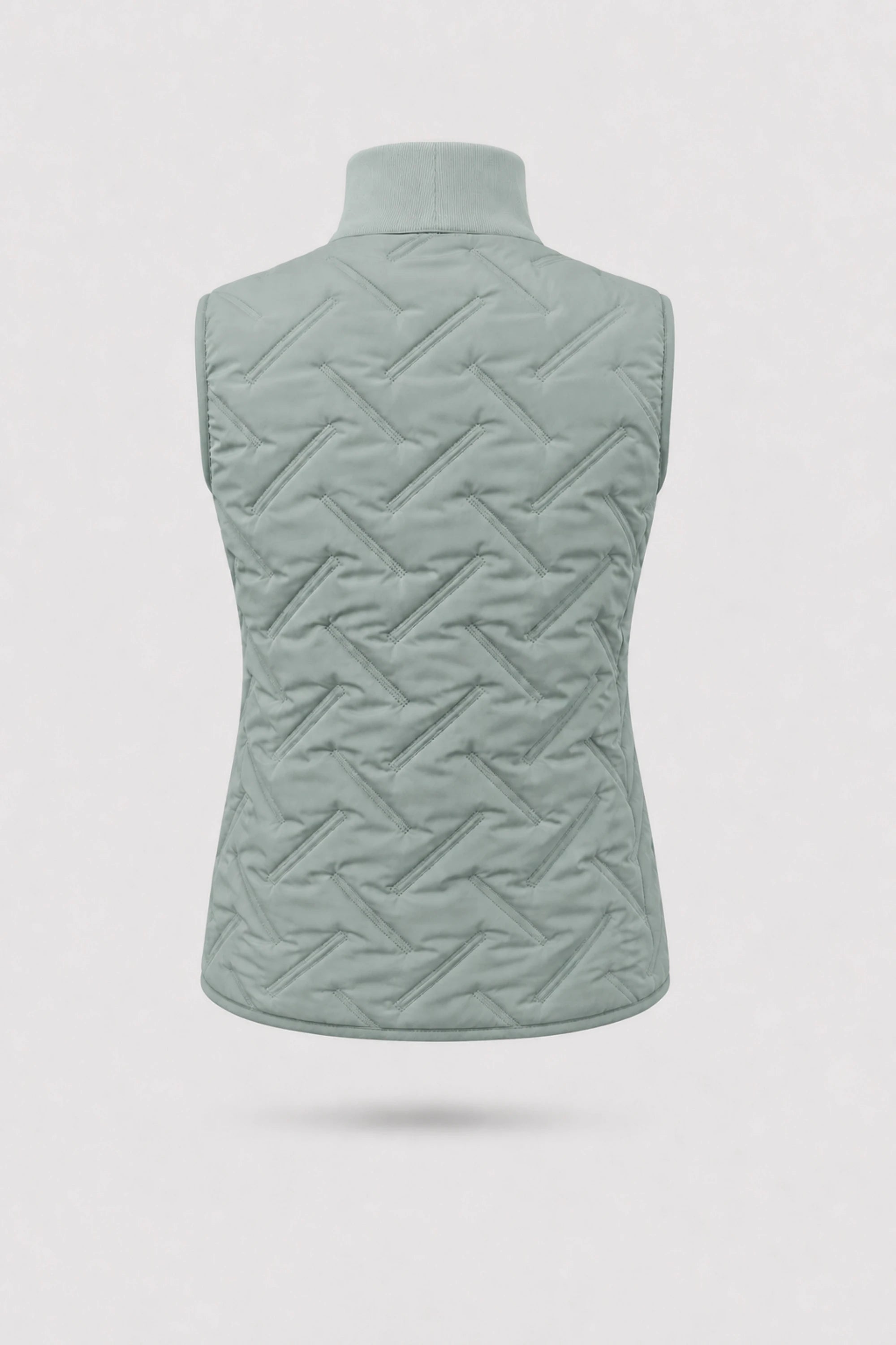 Back view of women's Sage Grey lightweight puffer vest with quilted construction and tailored silhouette
