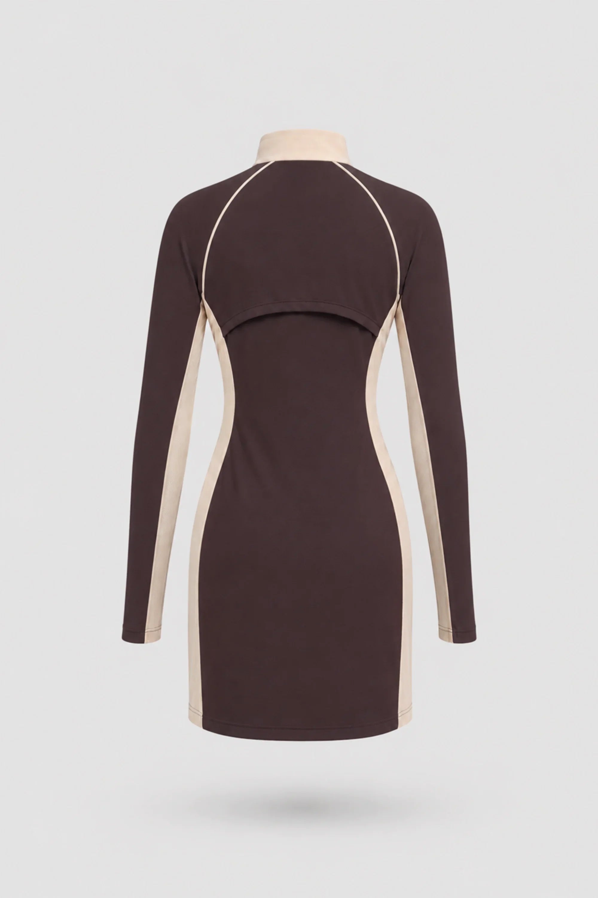 Back view of women's Cocoa long sleeve golf dress with breathable mesh sleeve panels and stretch performance fabric