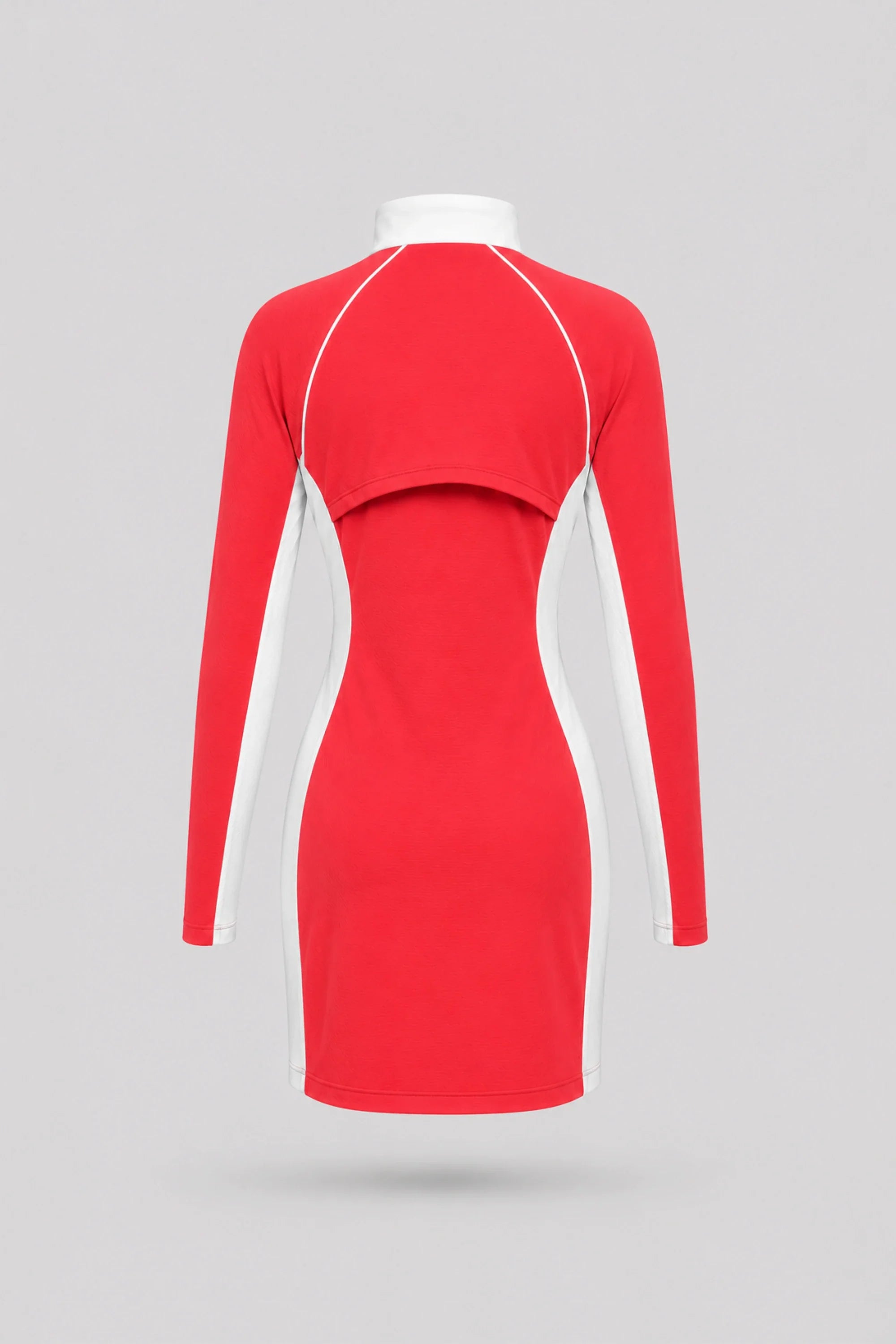 Back view of women's coral red long sleeve golf dress with athletic silhouette and stretch performance fabric