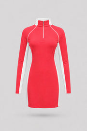 Women's coral red long sleeve golf dress with zip neck collar and breathable mesh sleeve panels