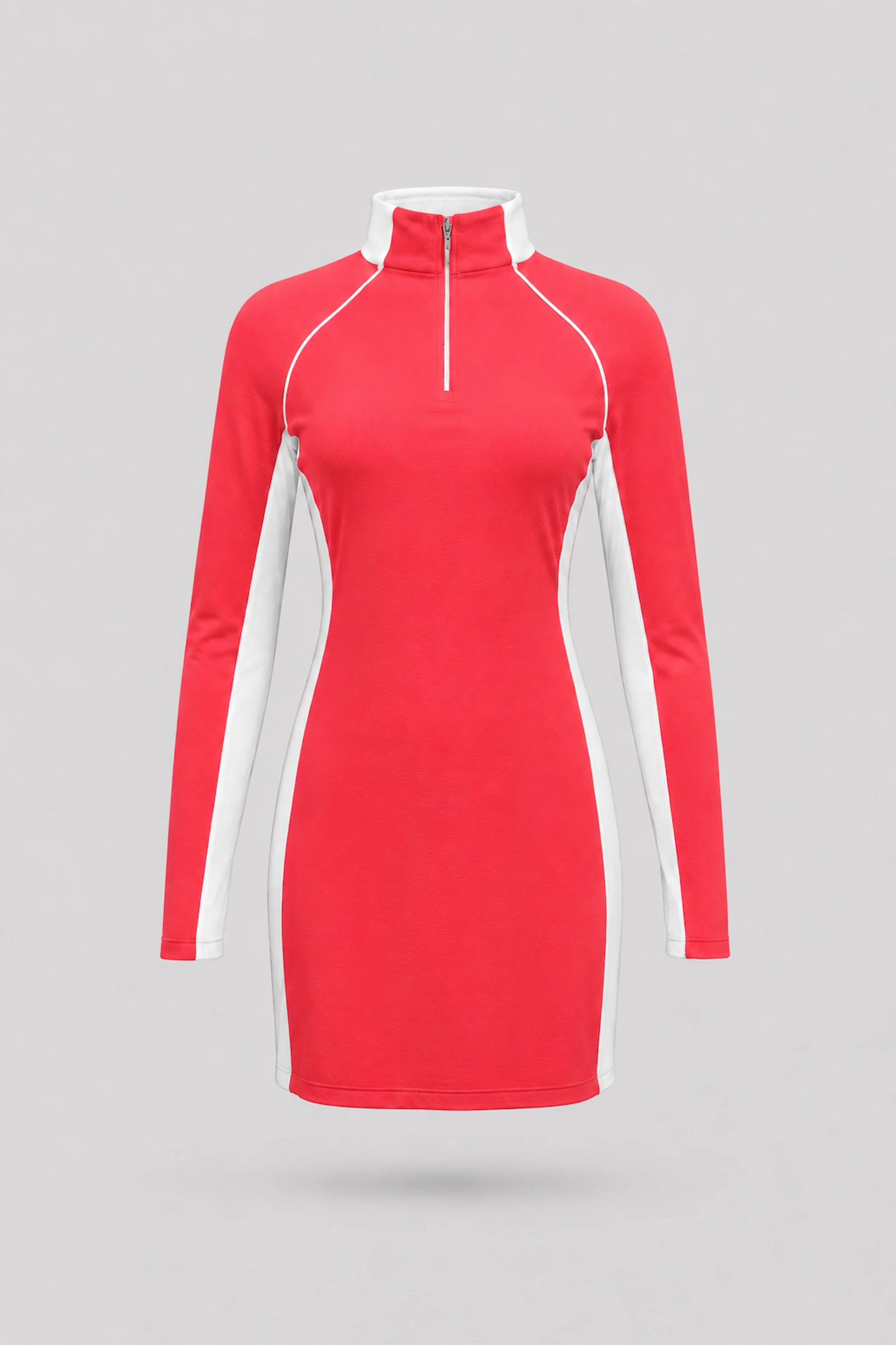 Women's coral red long sleeve golf dress with zip neck collar and breathable mesh sleeve panels
