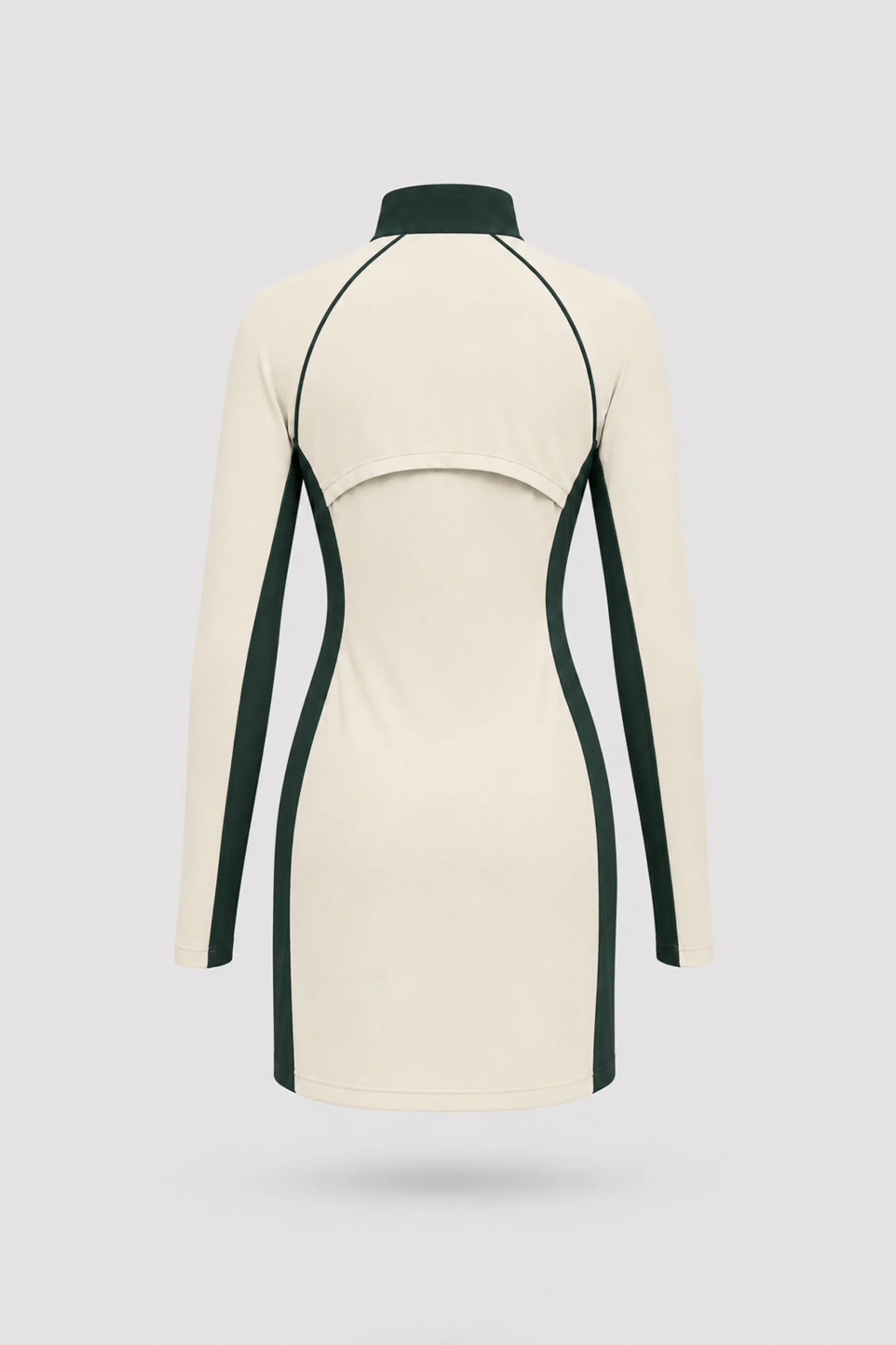 Back view of women's Cream long sleeve golf dress with breathable mesh sleeve panels and stretch performance fabric