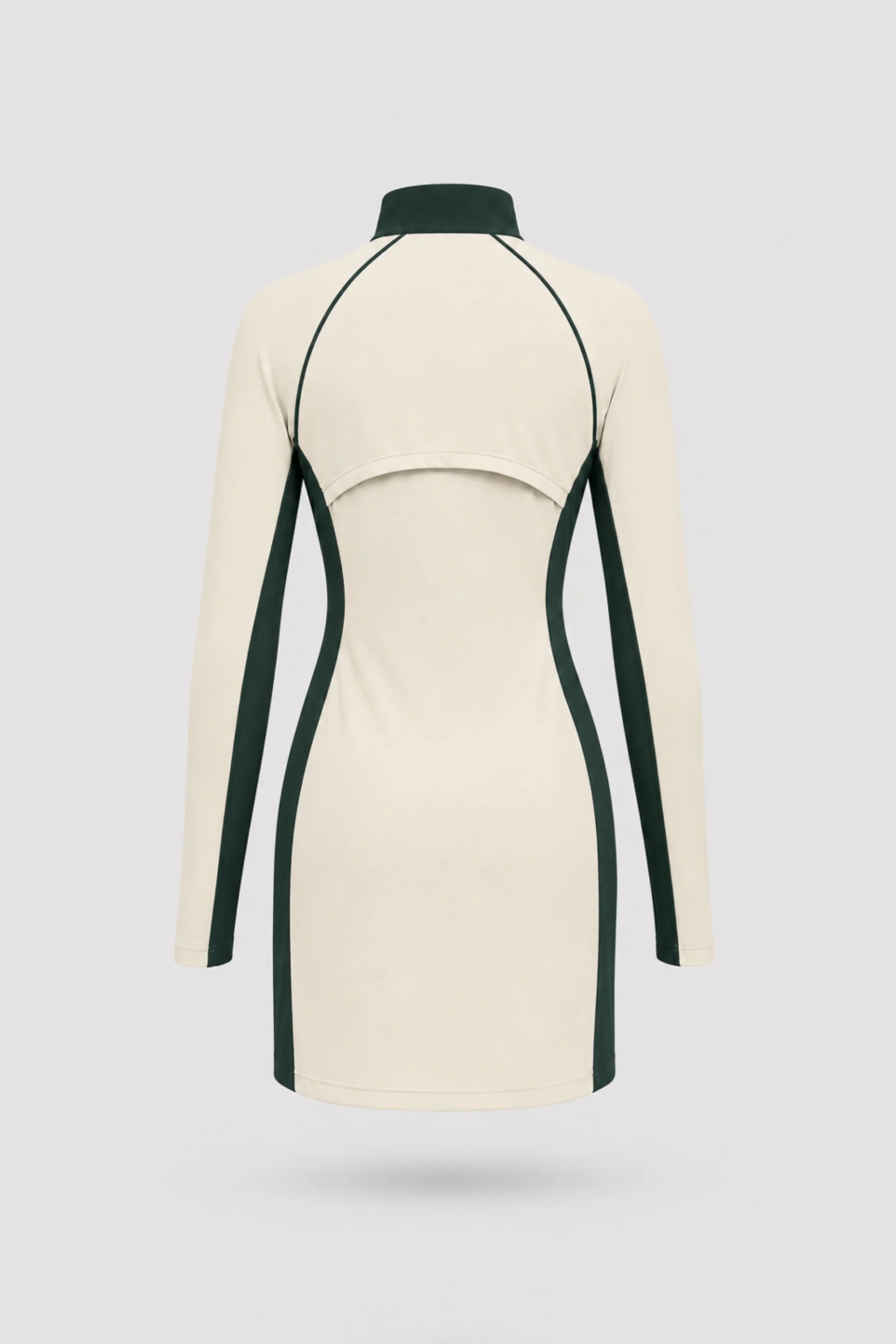 Back view of women's Cream long sleeve golf dress with breathable mesh sleeve panels and stretch performance fabric