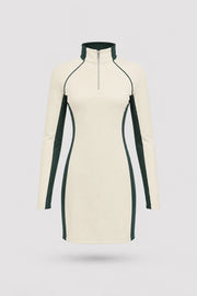 Women's Cream long sleeve golf dress with streamlined athletic silhouette and breathable mesh sleeve panels