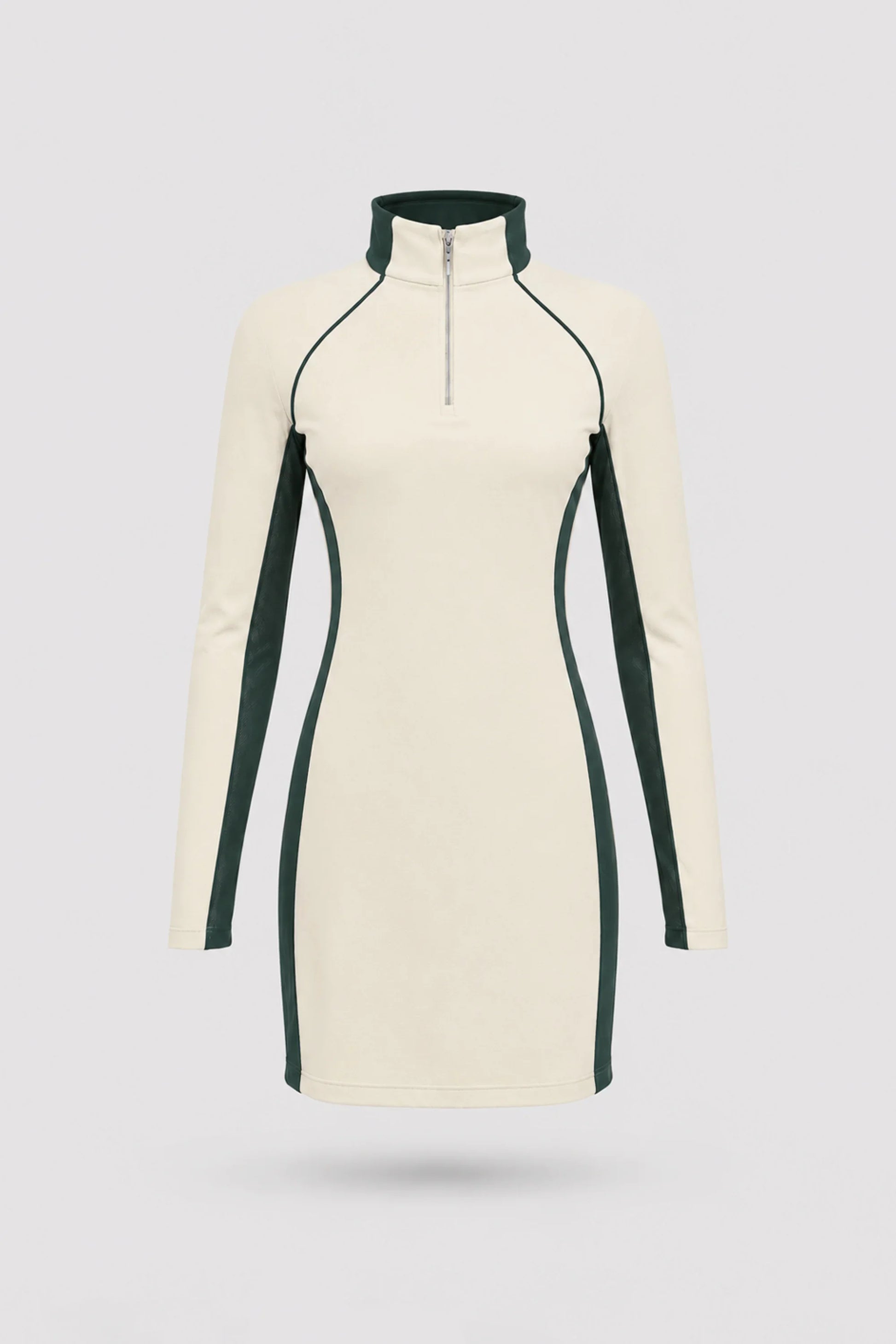 Women's Cream long sleeve golf dress with streamlined athletic silhouette and breathable mesh sleeve panels