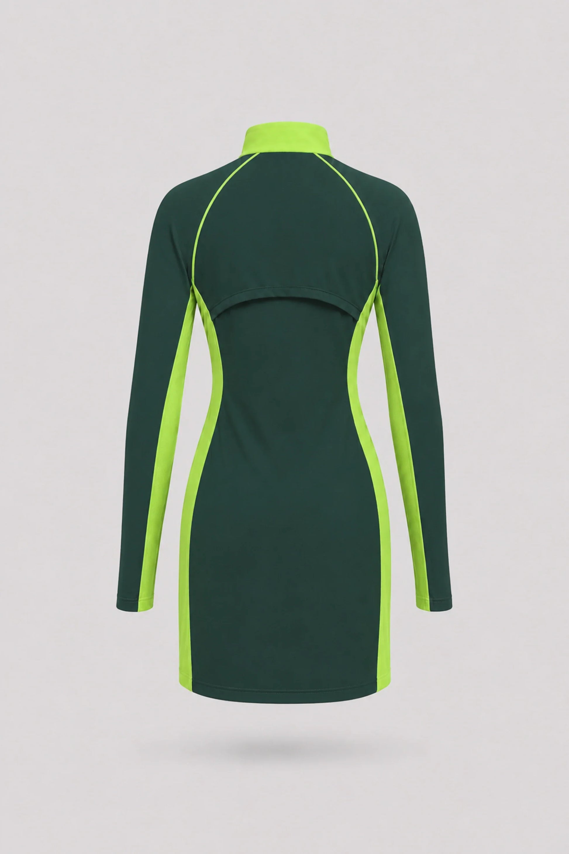 Back view of women's Evergreen long sleeve golf dress with breathable mesh sleeve panels and stretch performance fabric