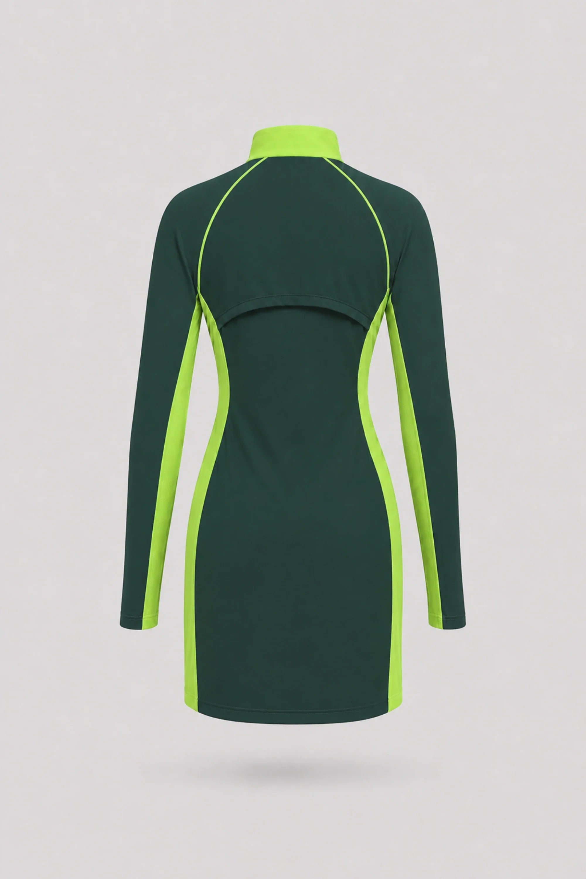 Back view of women's Evergreen long sleeve golf dress with breathable mesh sleeve panels and stretch performance fabric