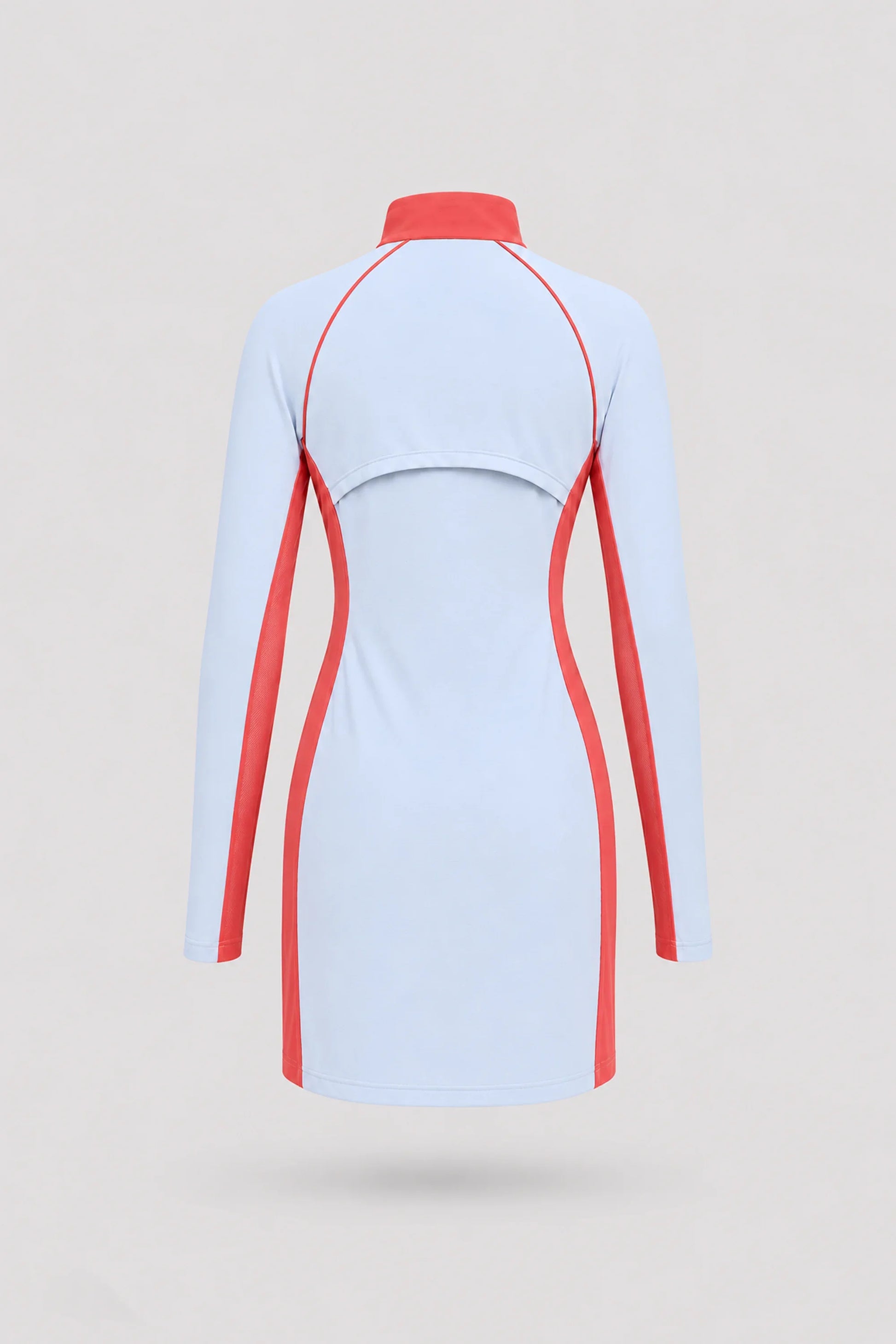 Back view of women's light blue long sleeve golf dress with athletic silhouette and stretch performance fabric