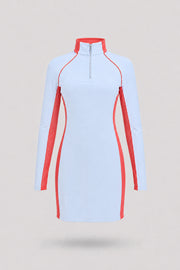 Women's light blue long sleeve golf dress with zip neck collar and breathable mesh sleeve panels