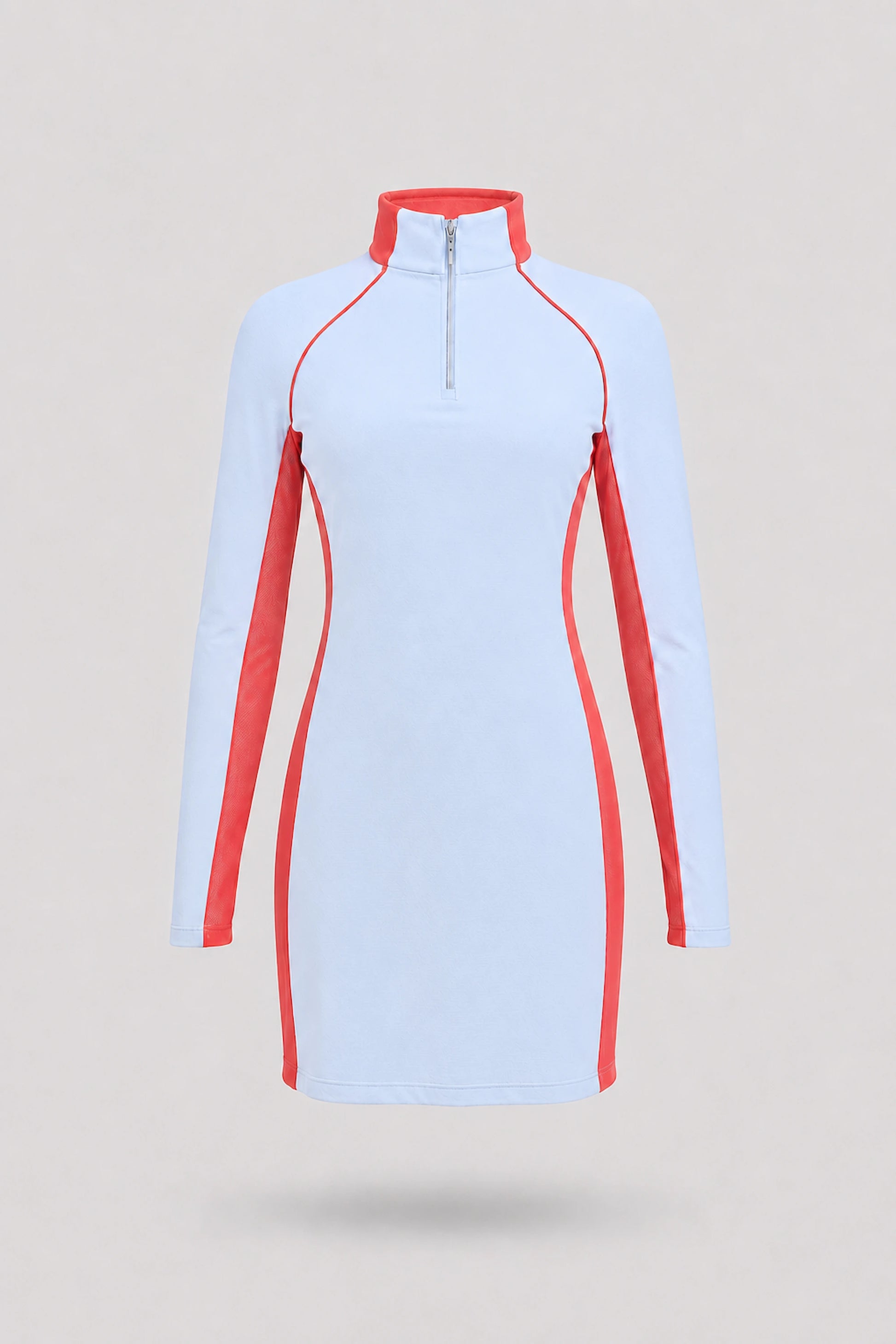 Women's light blue long sleeve golf dress with zip neck collar and breathable mesh sleeve panels