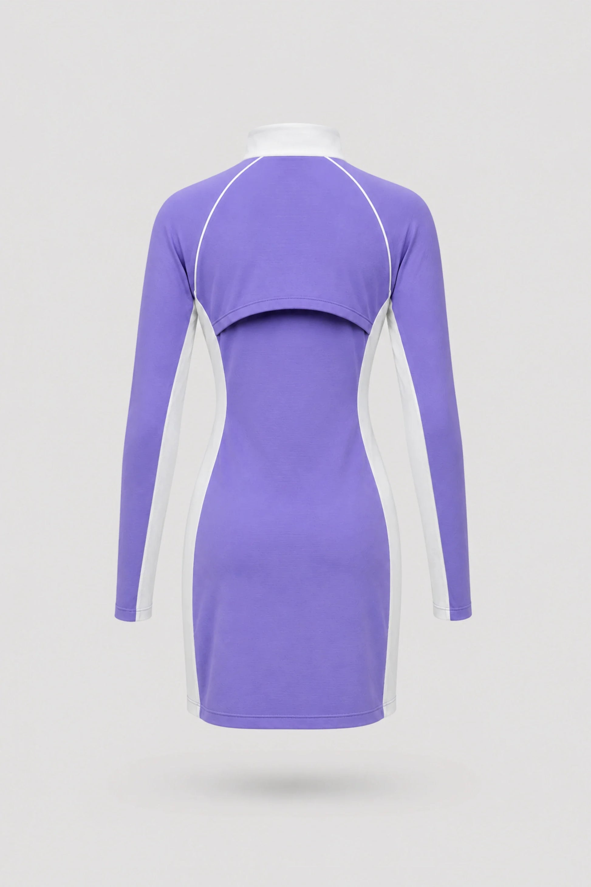 Back view of women's violet long sleeve golf dress with breathable mesh sleeve panels and stretch performance fabric