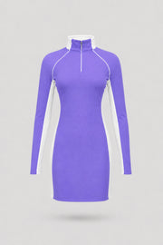 Women's violet long sleeve golf dress with clean athletic silhouette and minimalist design