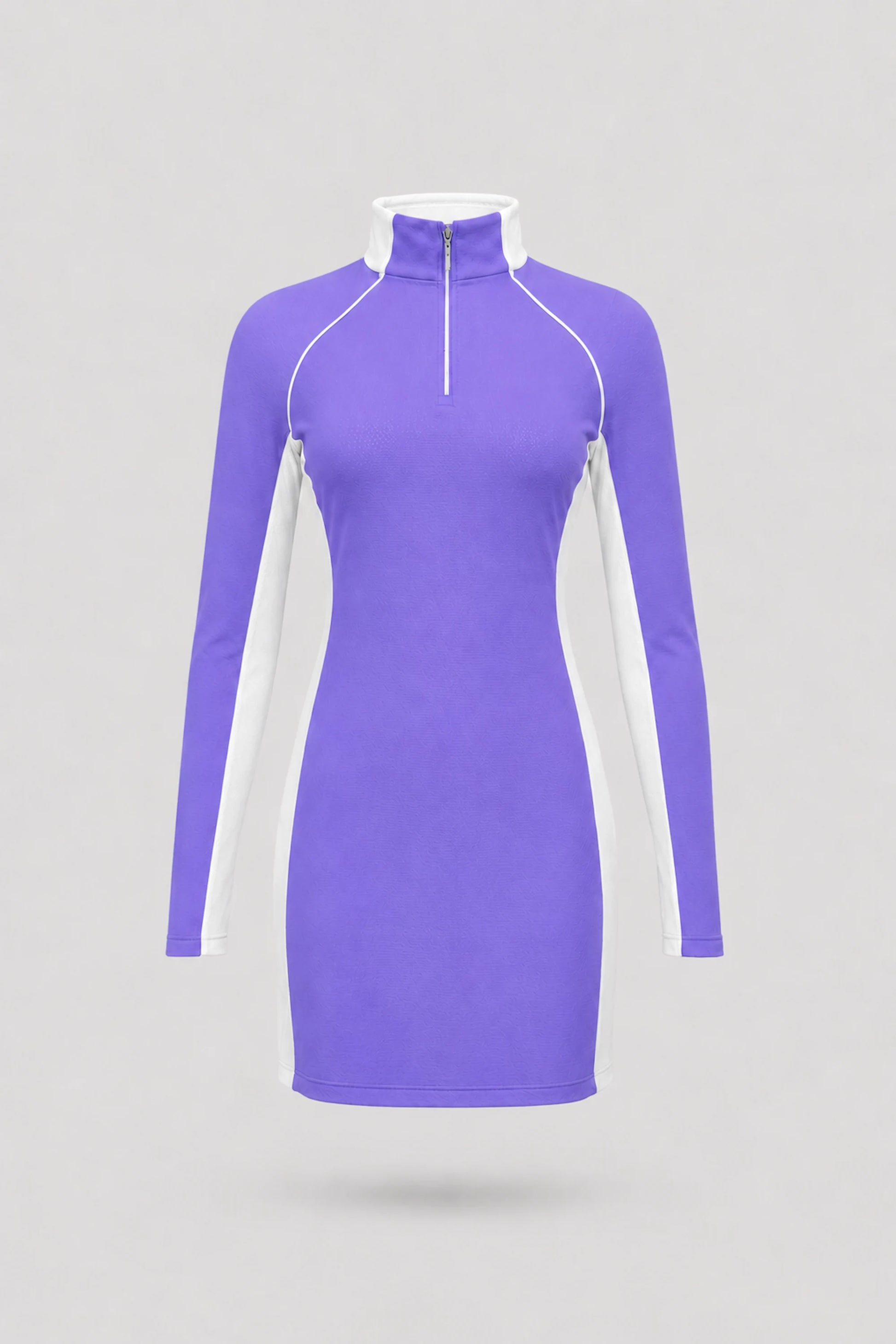 Women's violet long sleeve golf dress with clean athletic silhouette and minimalist design