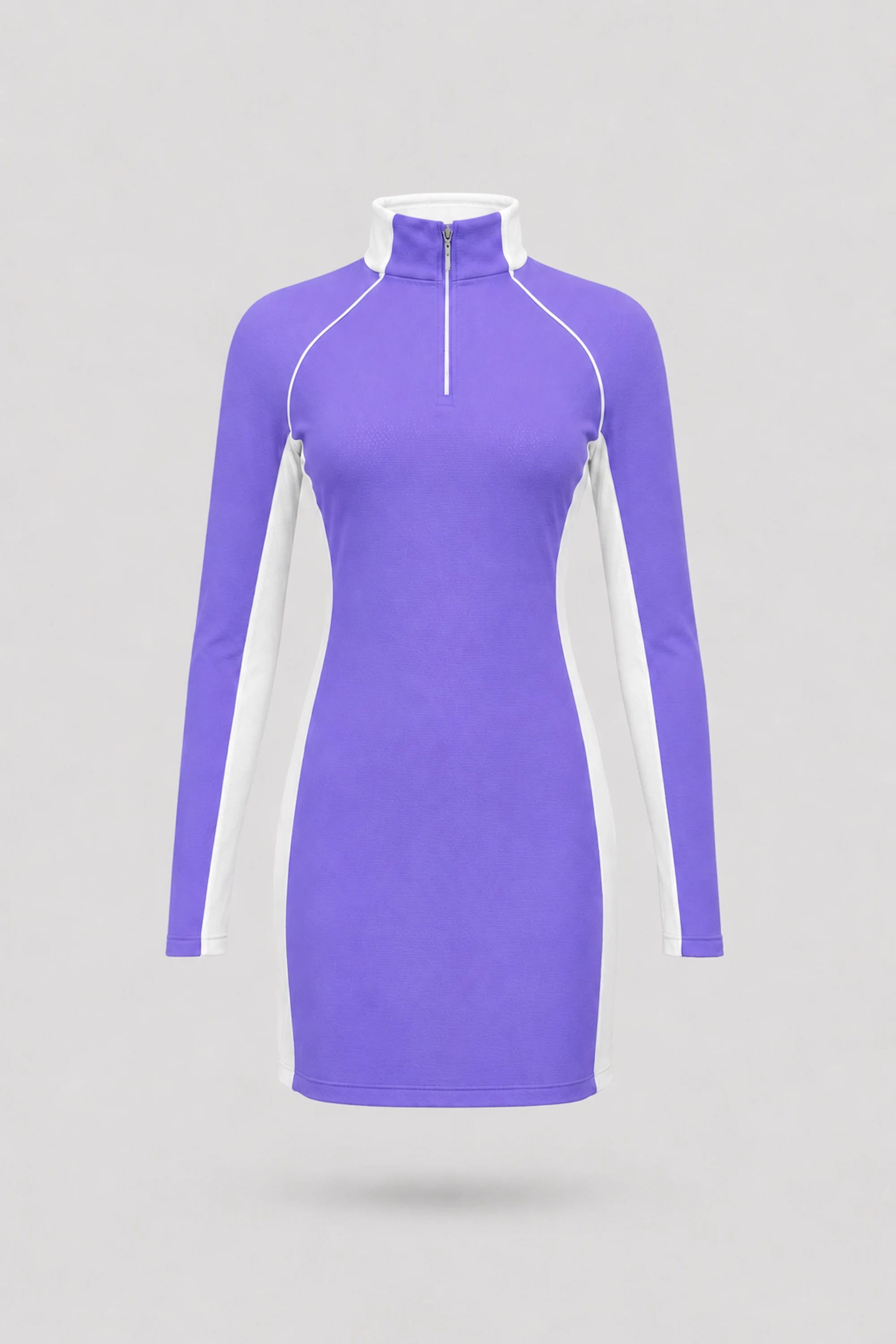 Women's violet long sleeve golf dress with clean athletic silhouette and minimalist design