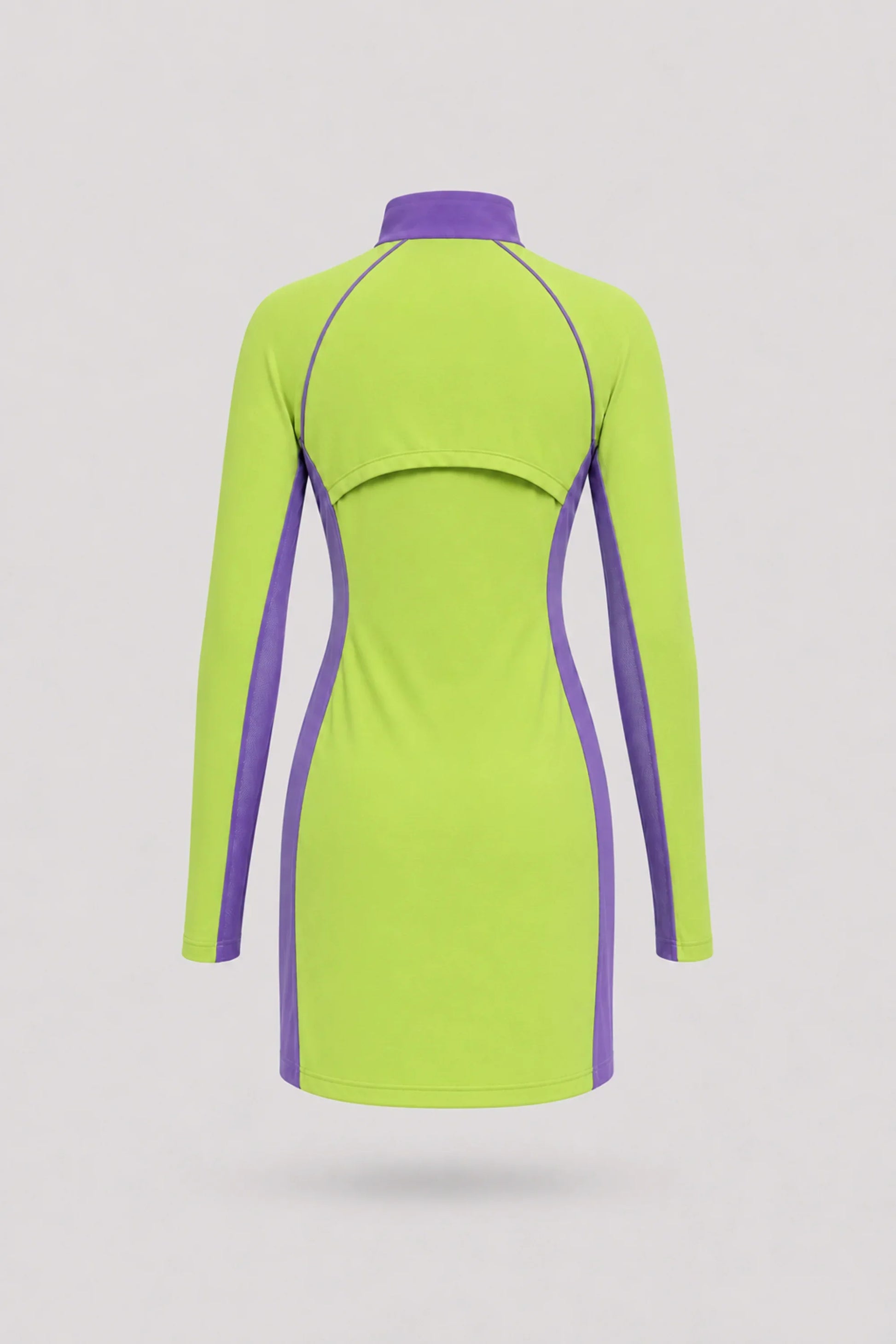 Back view of women's Volt Green long sleeve golf dress with breathable mesh sleeve panels and stretch performance fabric