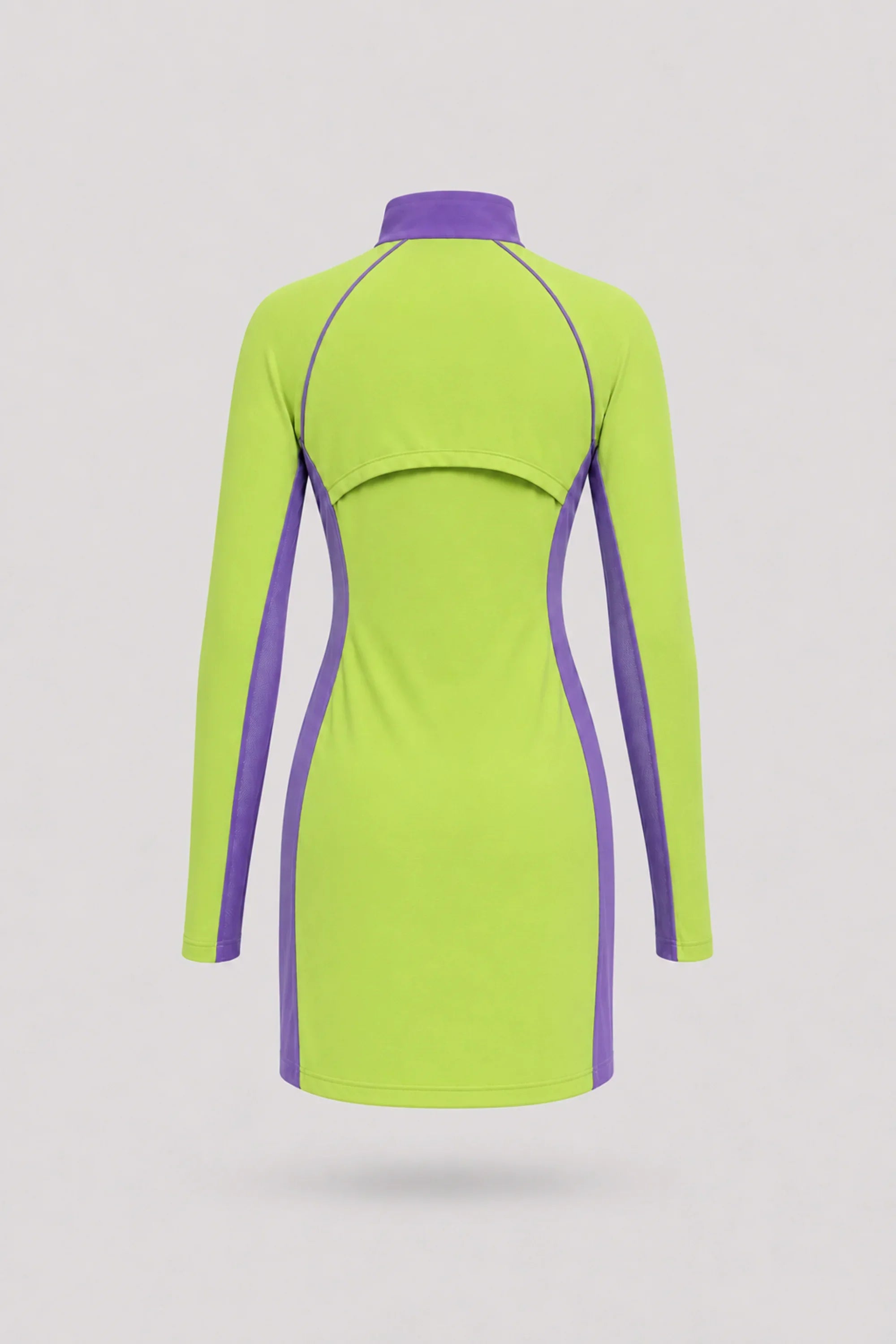 Back view of women's Volt Green long sleeve golf dress with breathable mesh sleeve panels and stretch performance fabric
