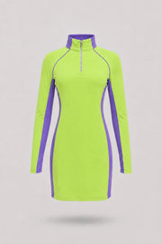 Women's Volt Green long sleeve golf dress with streamlined athletic silhouette and breathable mesh sleeve panels