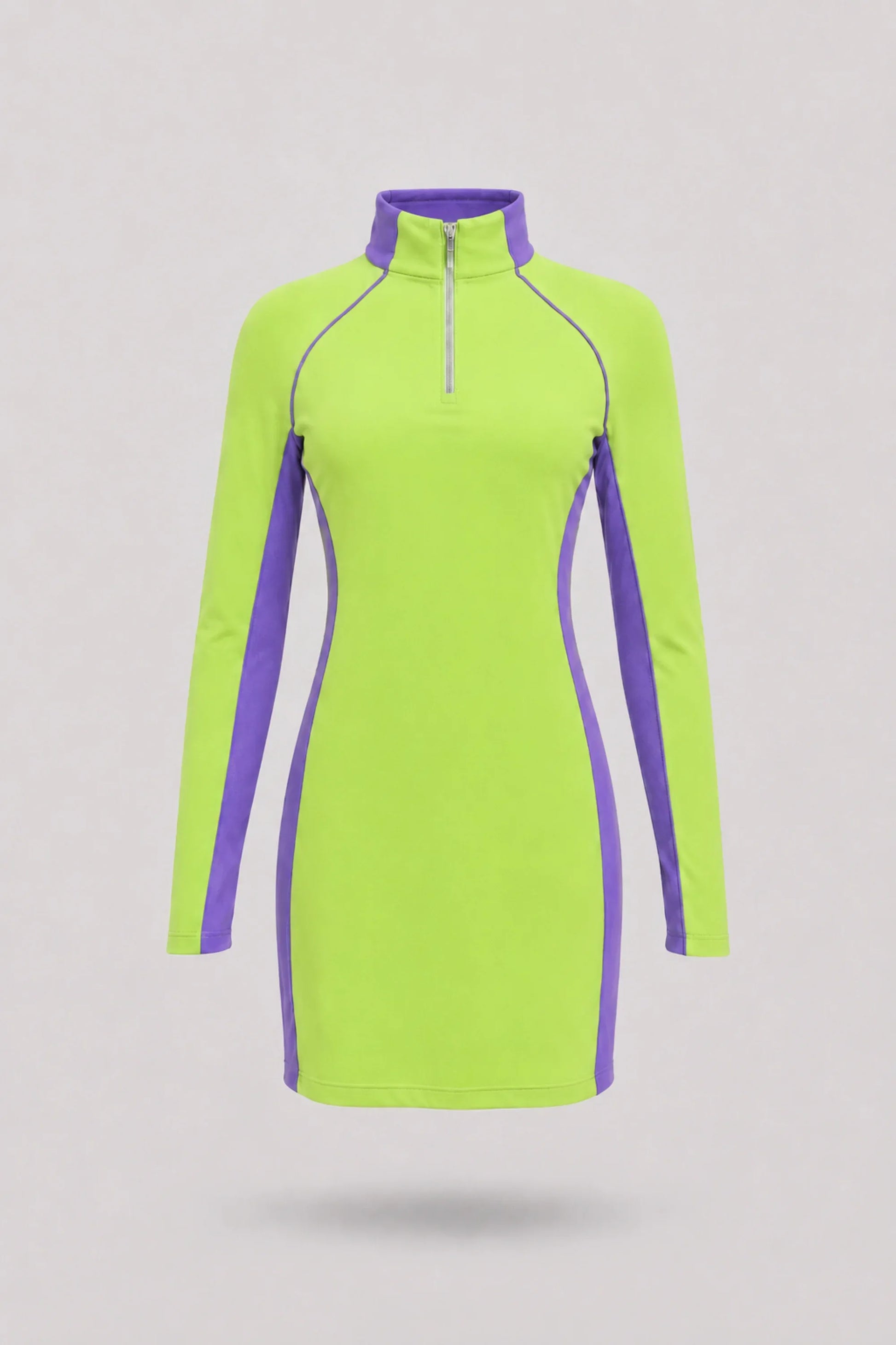 Women's Volt Green long sleeve golf dress with streamlined athletic silhouette and breathable mesh sleeve panels