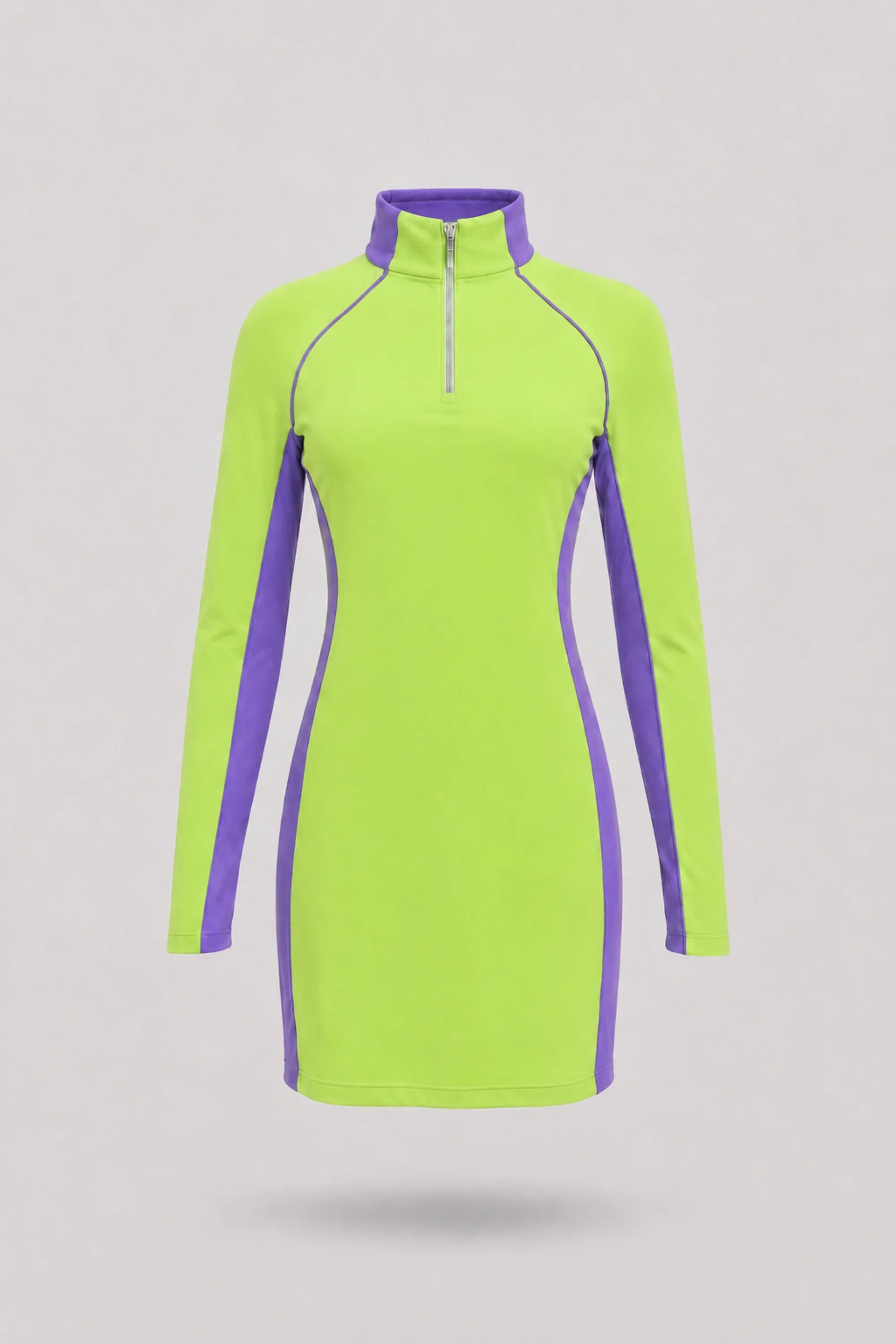 Women's Volt Green long sleeve golf dress with streamlined athletic silhouette and breathable mesh sleeve panels
