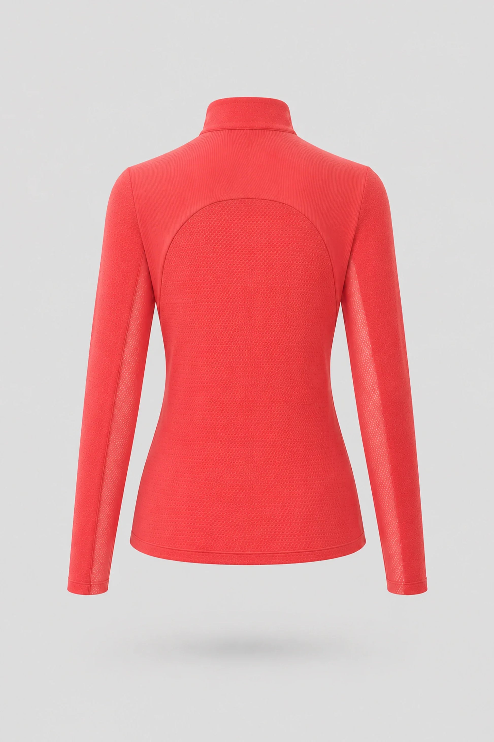 Back view of women's coral red long sleeve golf top with athletic fit and stretch performance fabric