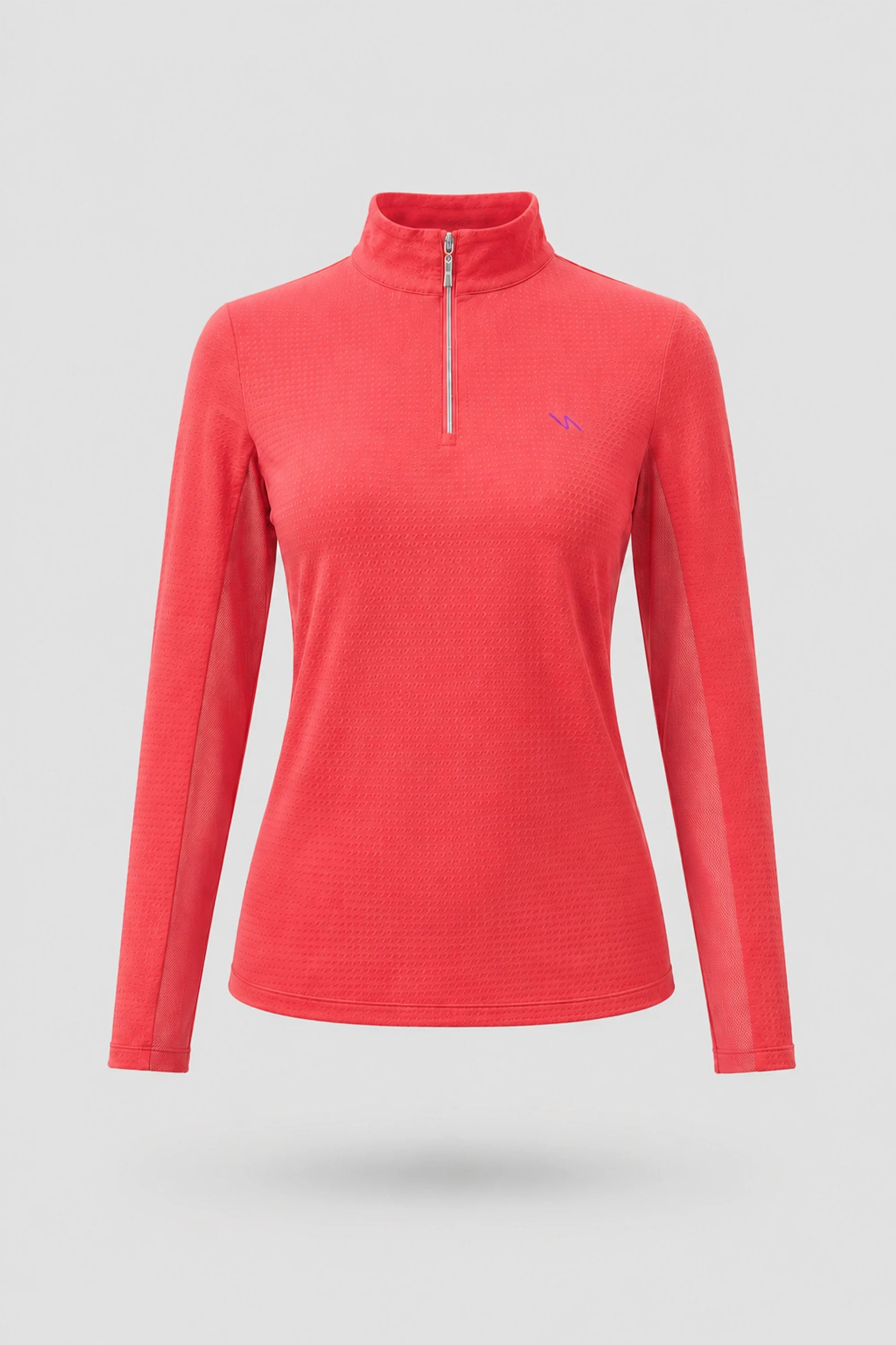 Women's coral red long sleeve golf top with zip neck design and breathable mesh sleeve panels