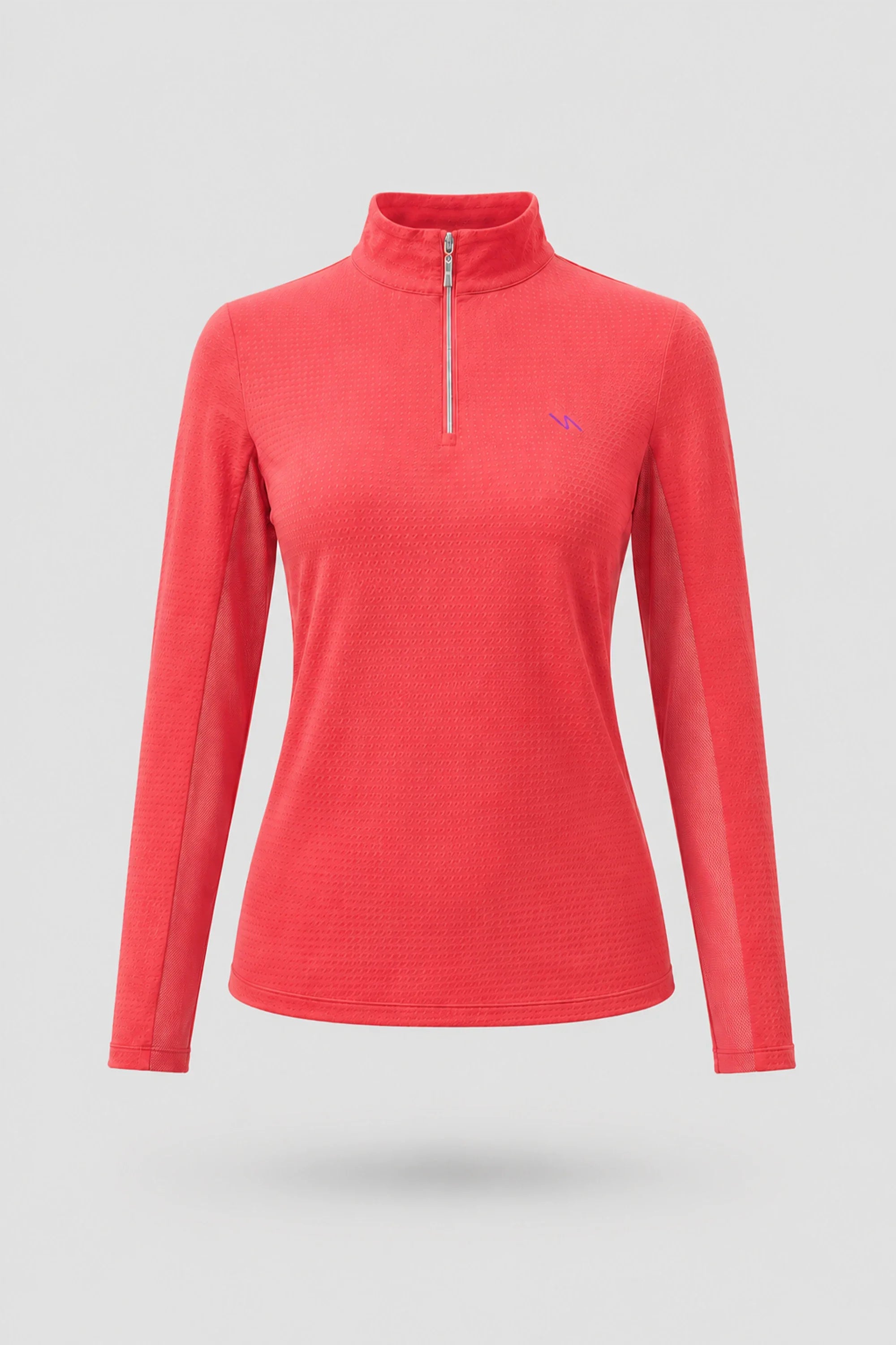 Women's coral red long sleeve golf top with zip neck design and breathable mesh sleeve panels