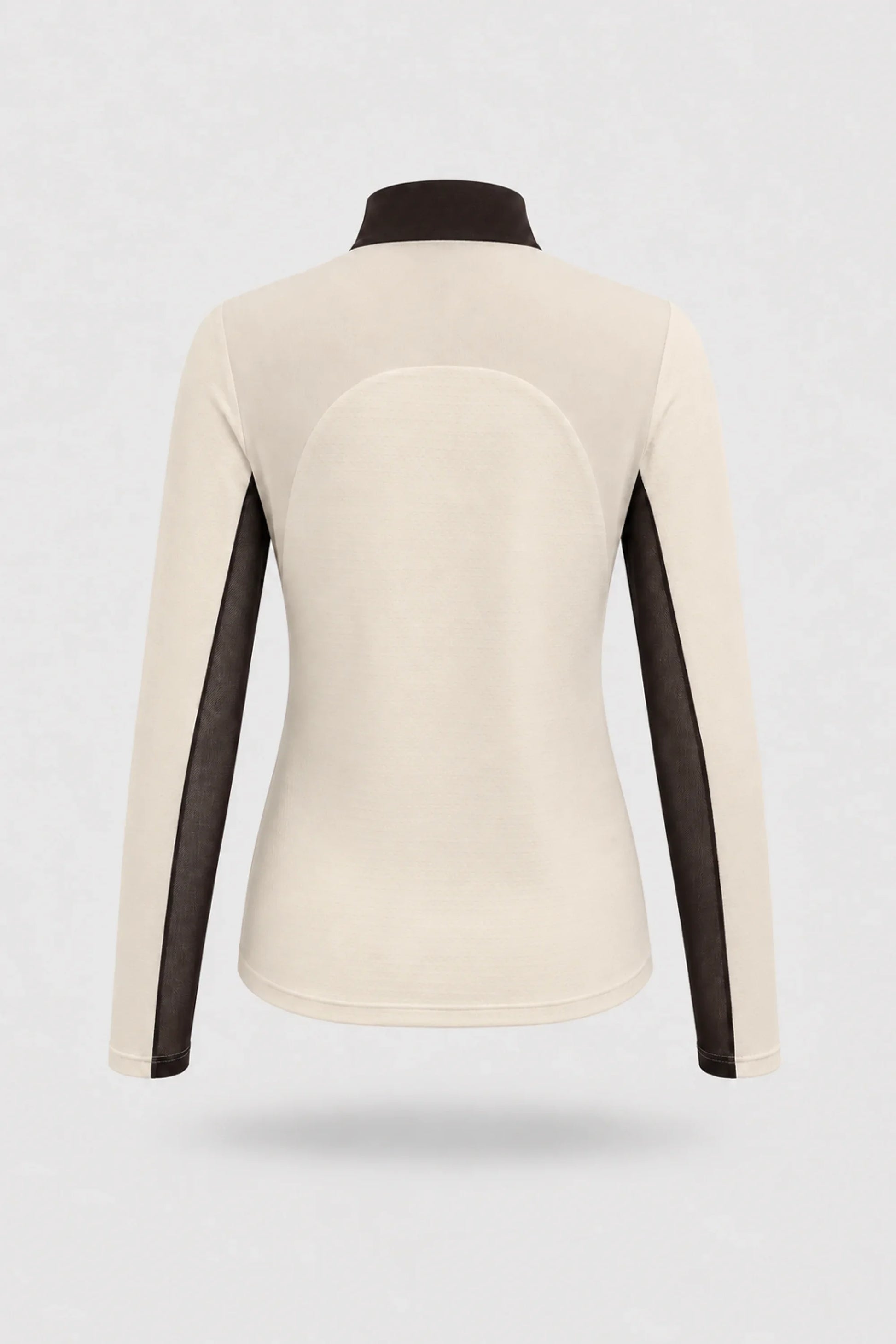 Back view of women's Cream long sleeve golf top with stretch performance fabric and breathable mesh sleeve panels