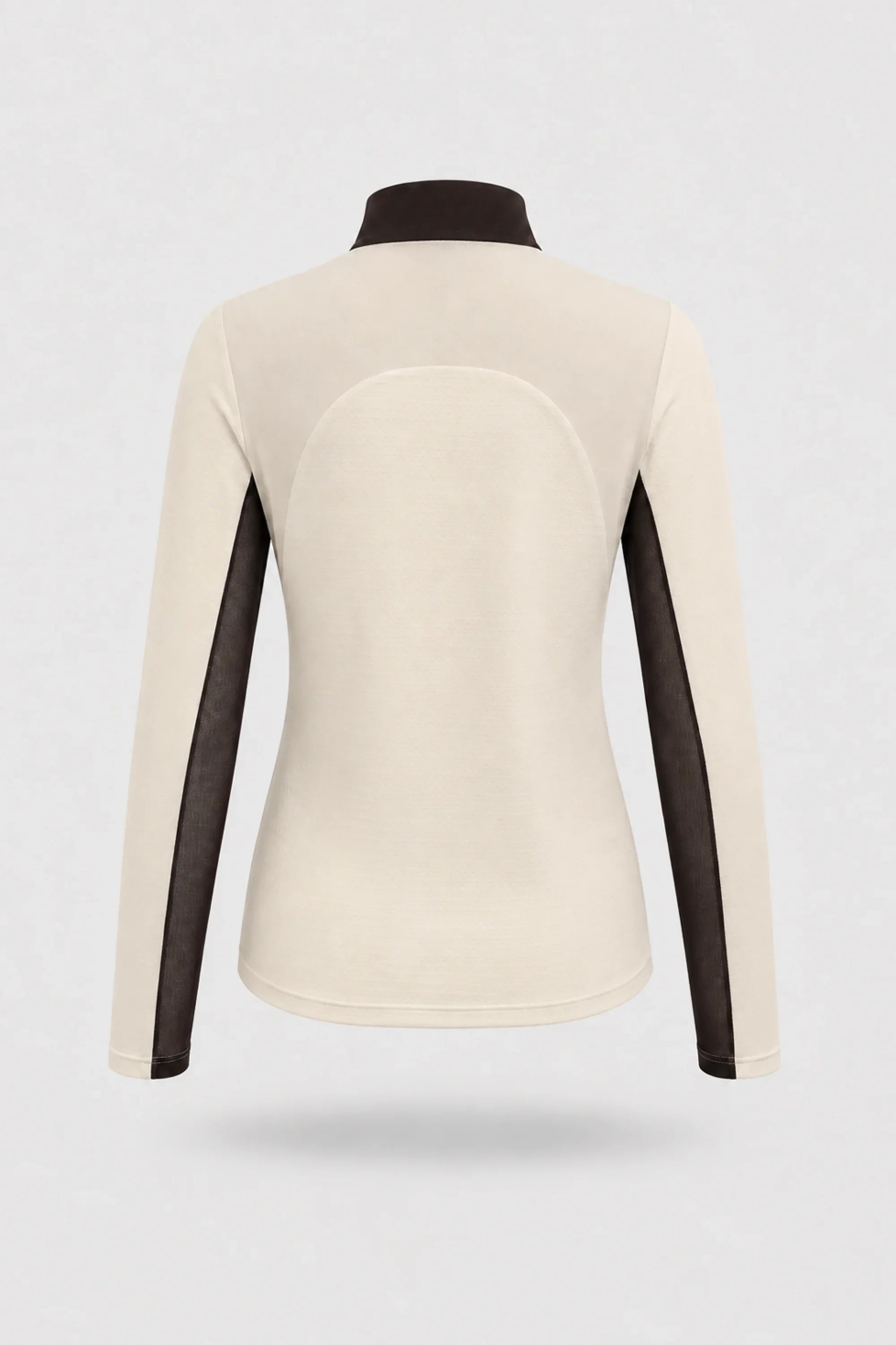 Back view of women's Cream long sleeve golf top with stretch performance fabric and breathable mesh sleeve panels