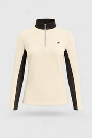 Women's Cream long sleeve golf top with quarter-zip collar and breathable mesh sleeve panels