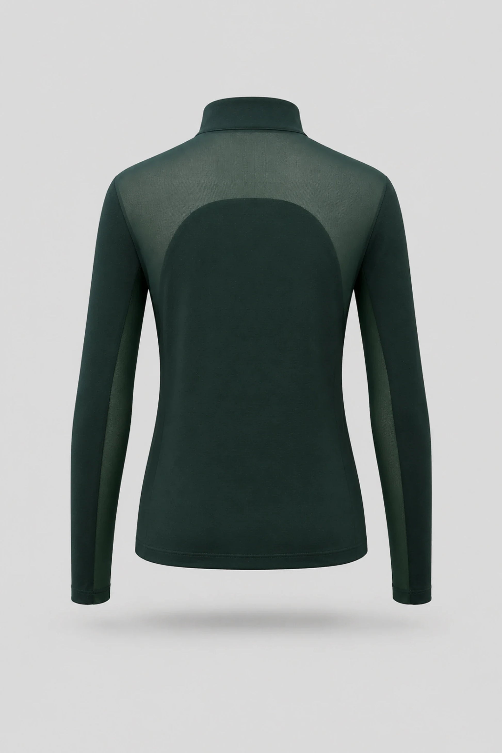 Back view of women's Evergreen long sleeve golf top with stretch performance fabric and breathable mesh sleeve panels
