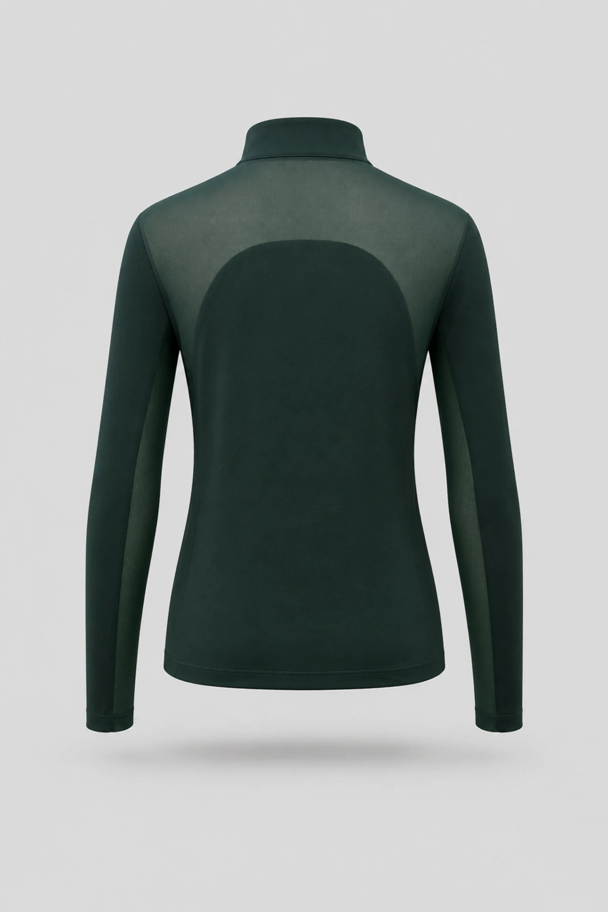 Back view of women's Evergreen long sleeve golf top with stretch performance fabric and breathable mesh sleeve panels