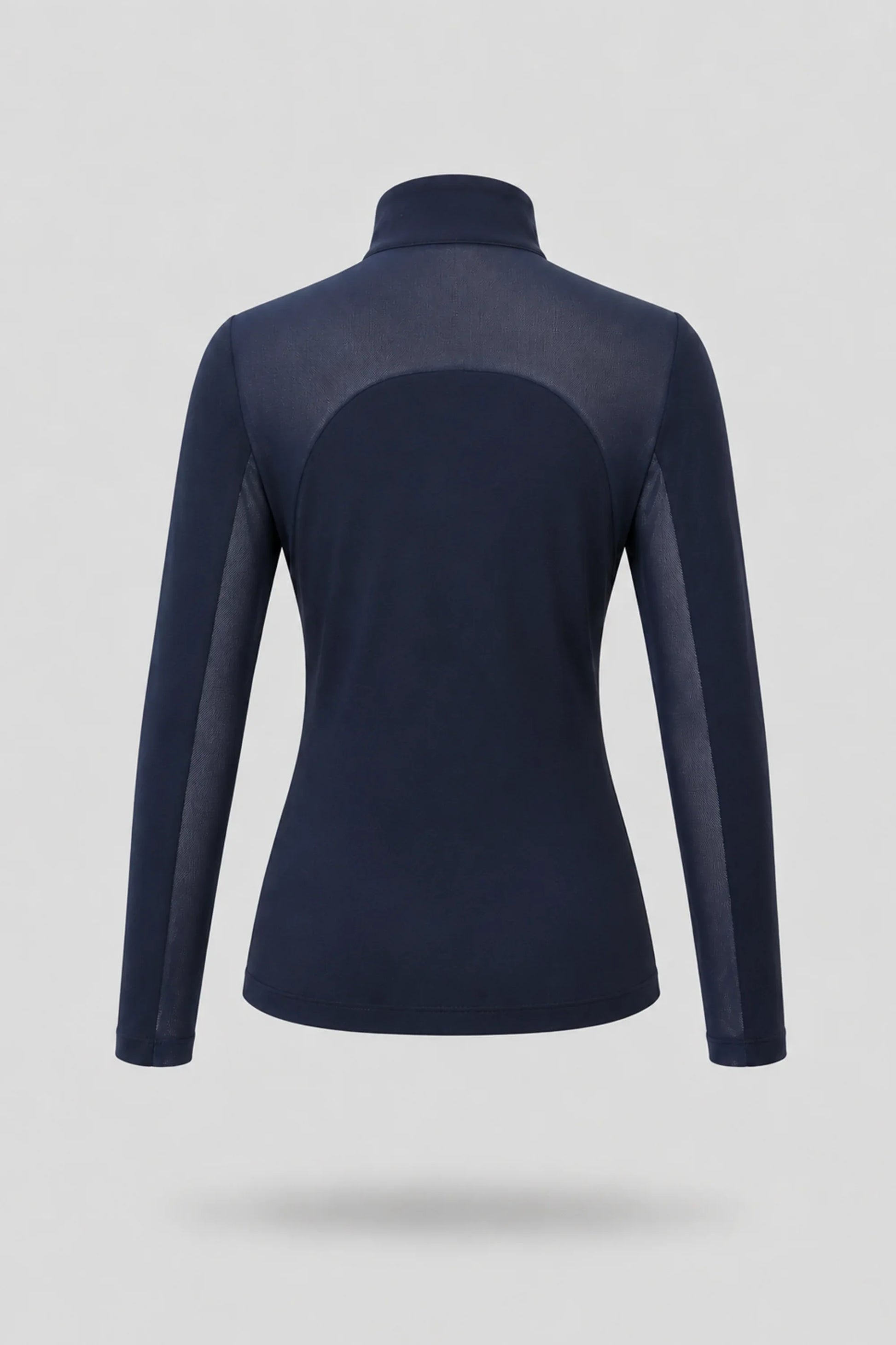 Back view of women's midnight navy long sleeve golf top with stretch performance fabric and athletic fit