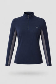 Women's midnight navy long sleeve golf top with quarter-zip collar and breathable mesh sleeve panels