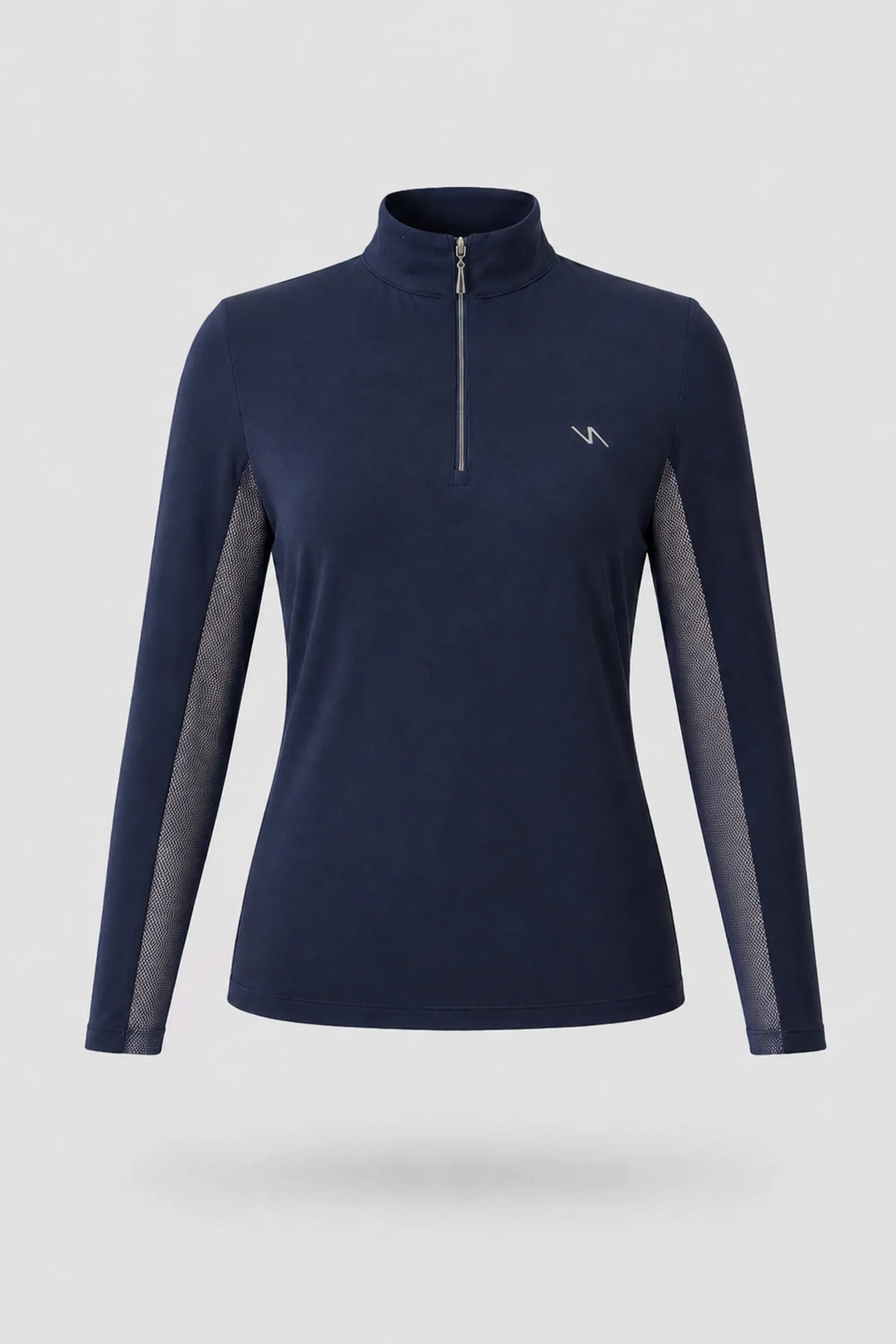 Women's midnight navy long sleeve golf top with quarter-zip collar and breathable mesh sleeve panels