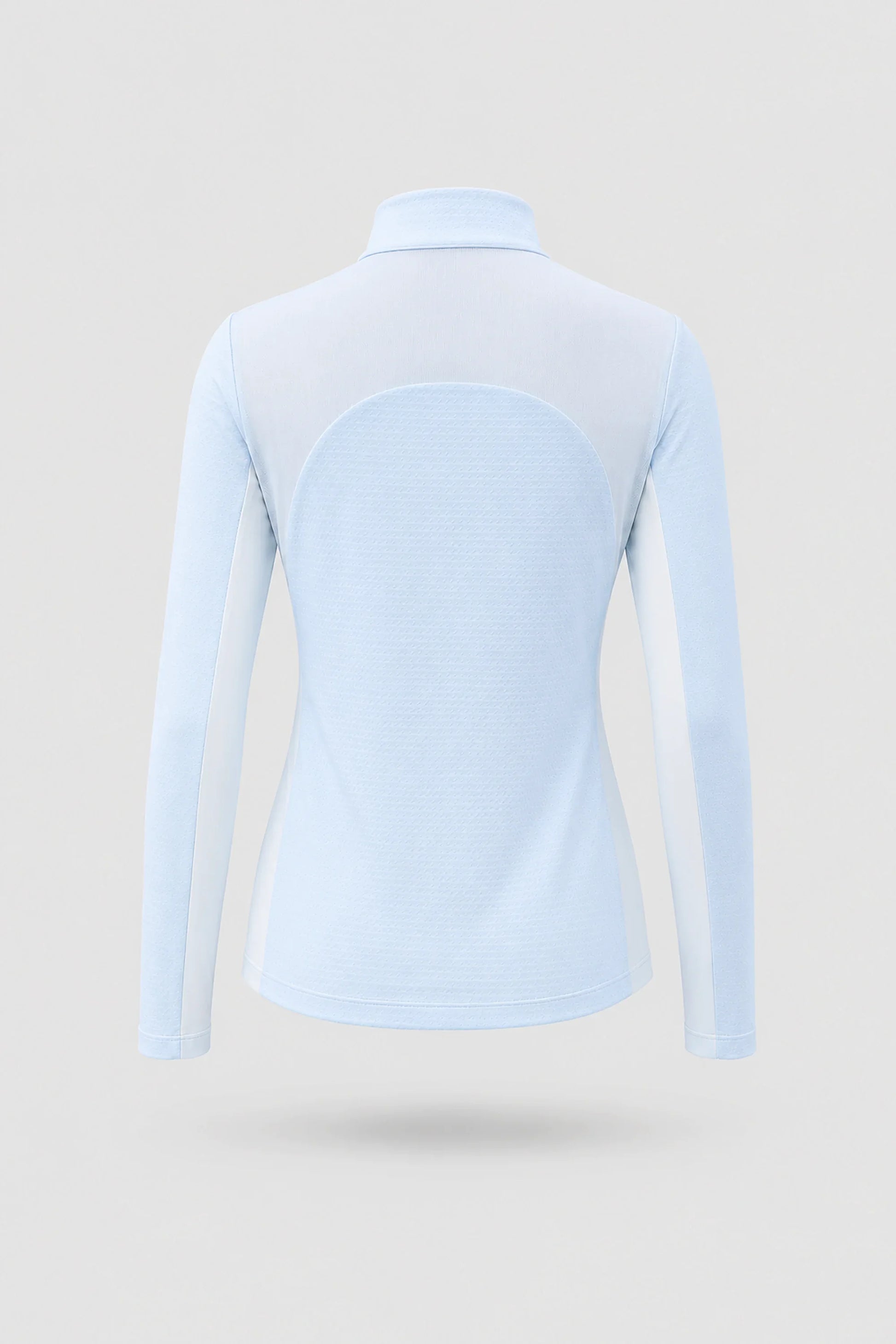 Women’s long sleeve golf top in Sky Mist light blue featuring a zip neck collar and fitted silhouette