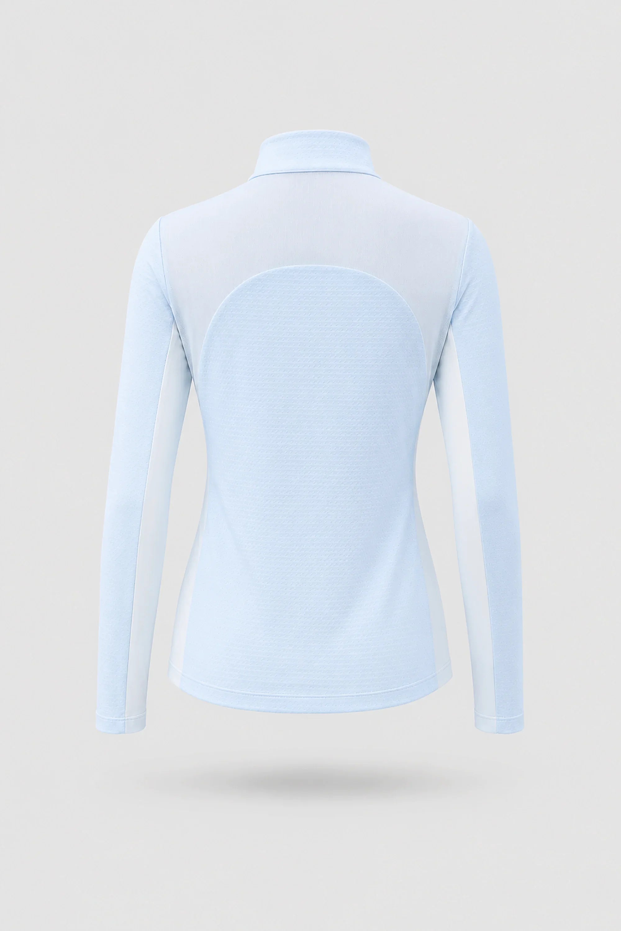 Women’s long sleeve golf top in Sky Mist light blue featuring a zip neck collar and fitted silhouette