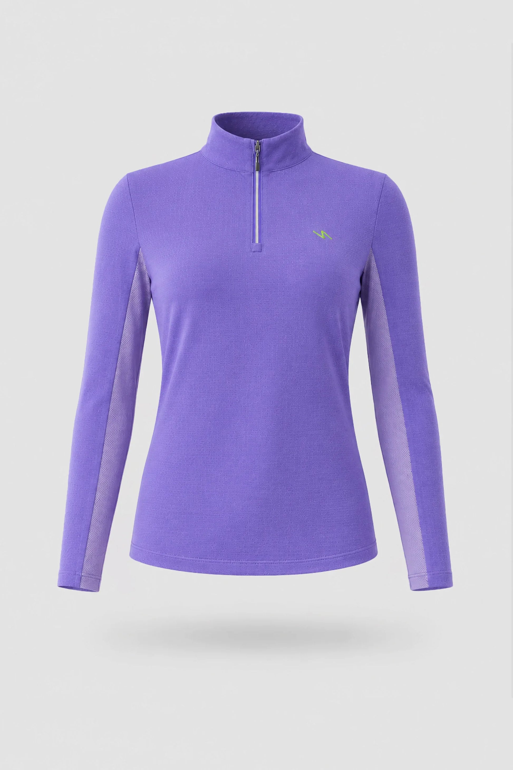 Women's violet long sleeve golf top with zip neck design and breathable mesh sleeve panels